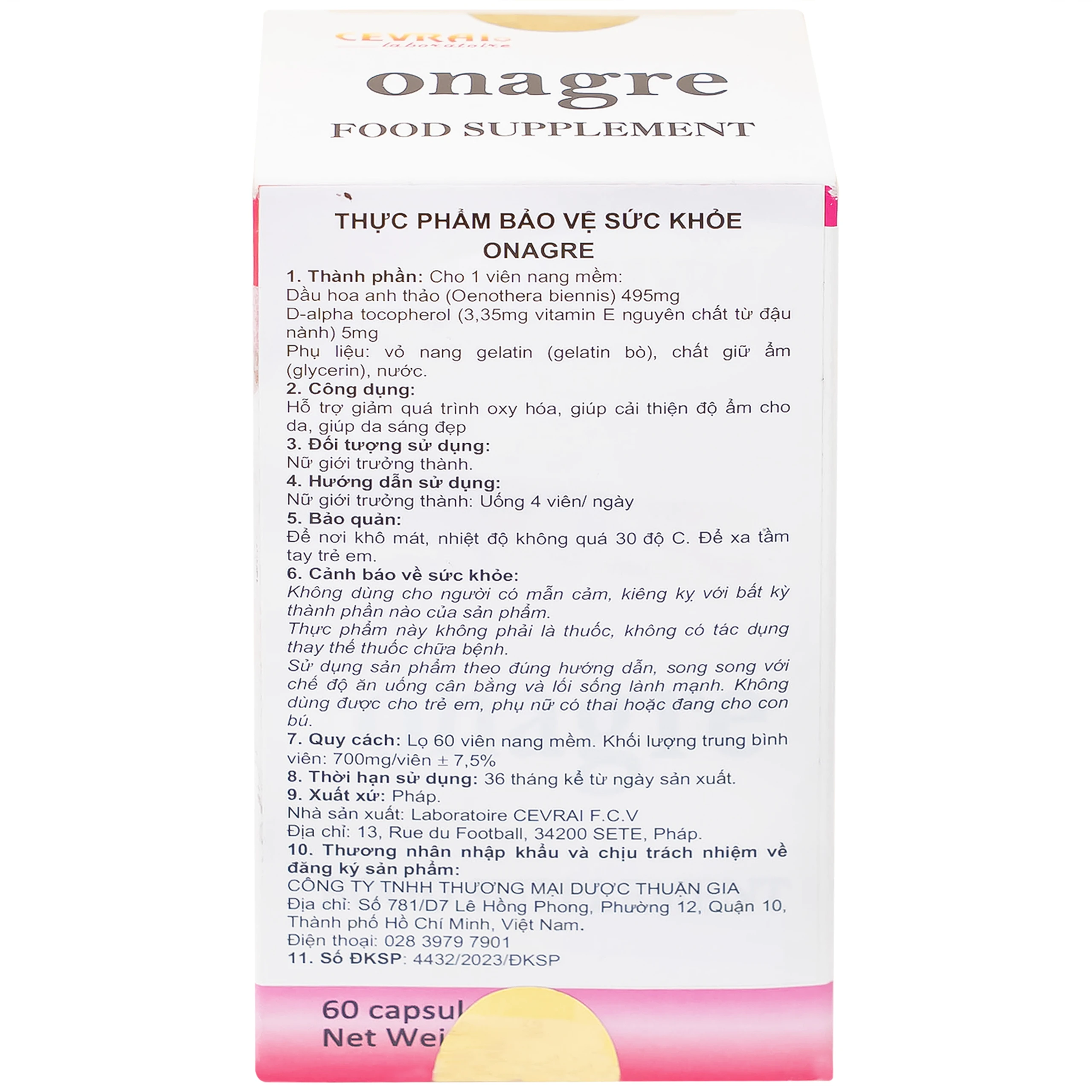 Viên uống giúp da sáng đẹp, giảm quá trình oxy hóa, cải thiện độ ẩm cho da Onagre Cevrai (60 viên)