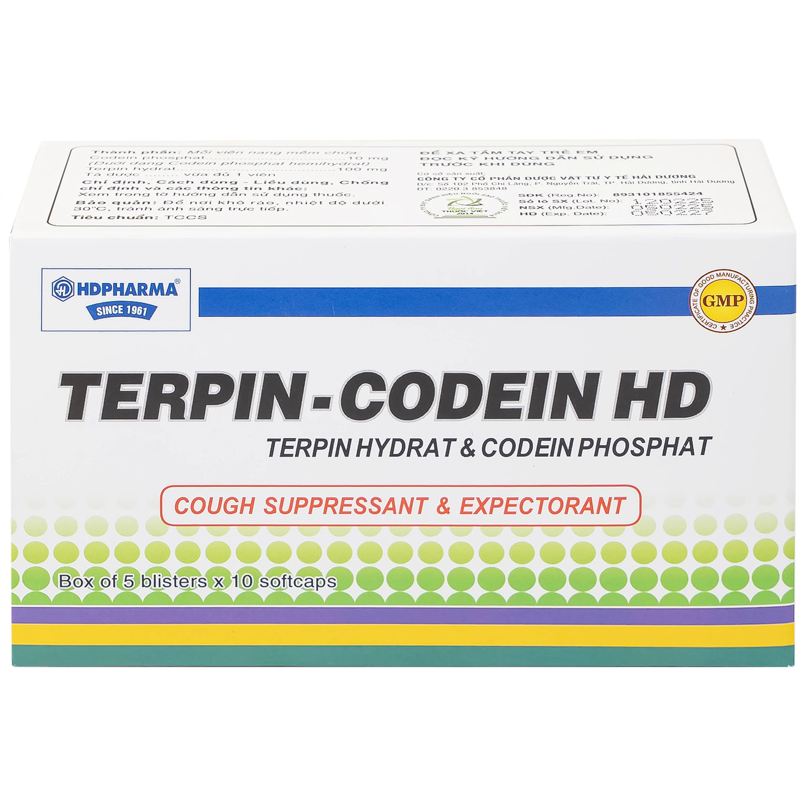Thuốc Terpin-codein HD Hdpharma điều trị triệu chứng ho khan hoặc kích ứng (5 vỉ x 10 viên)