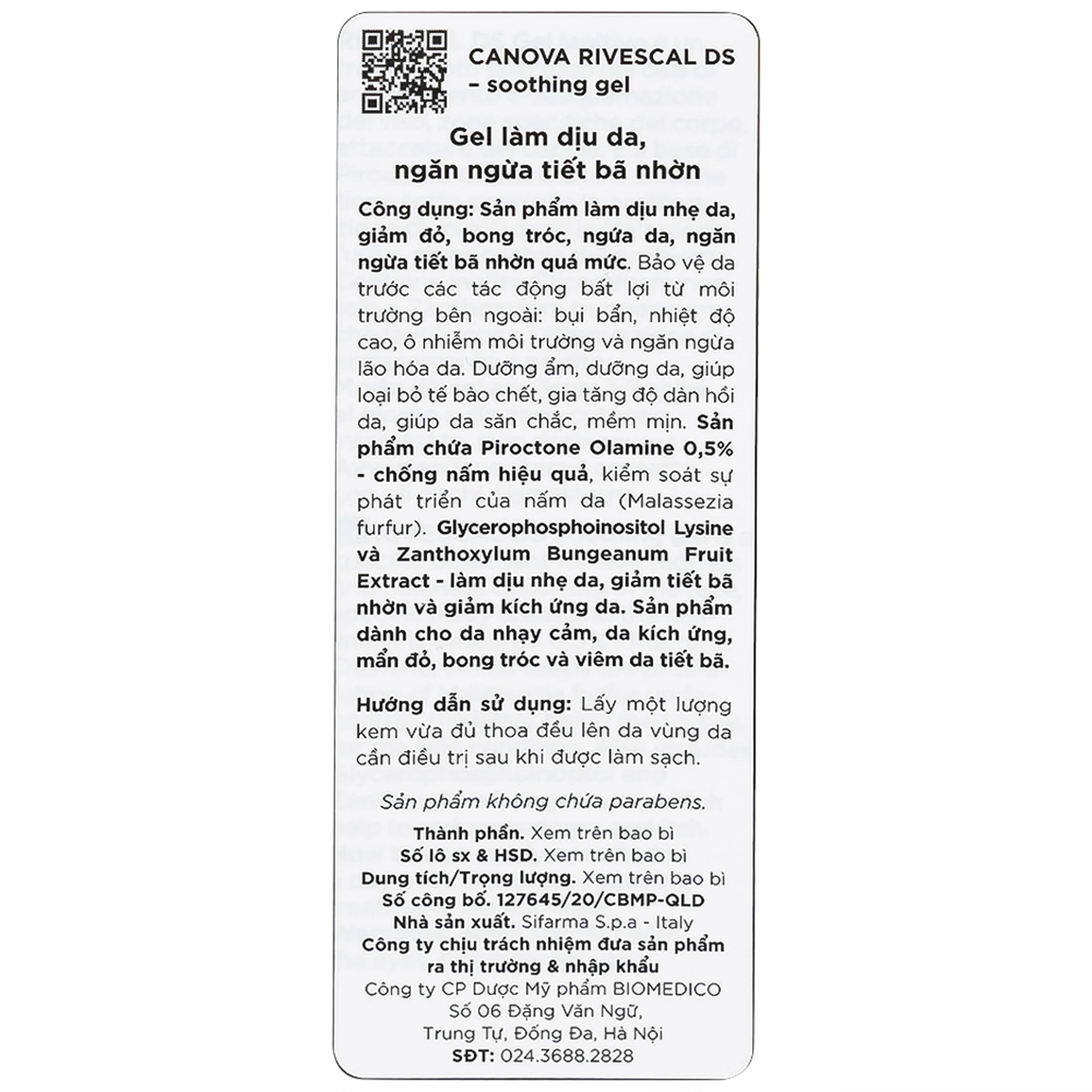 Gel bôi dịu da, ngăn ngừa tiết nhờn Canova Rivescal Ds Soothing Gel Siflarma 50ml