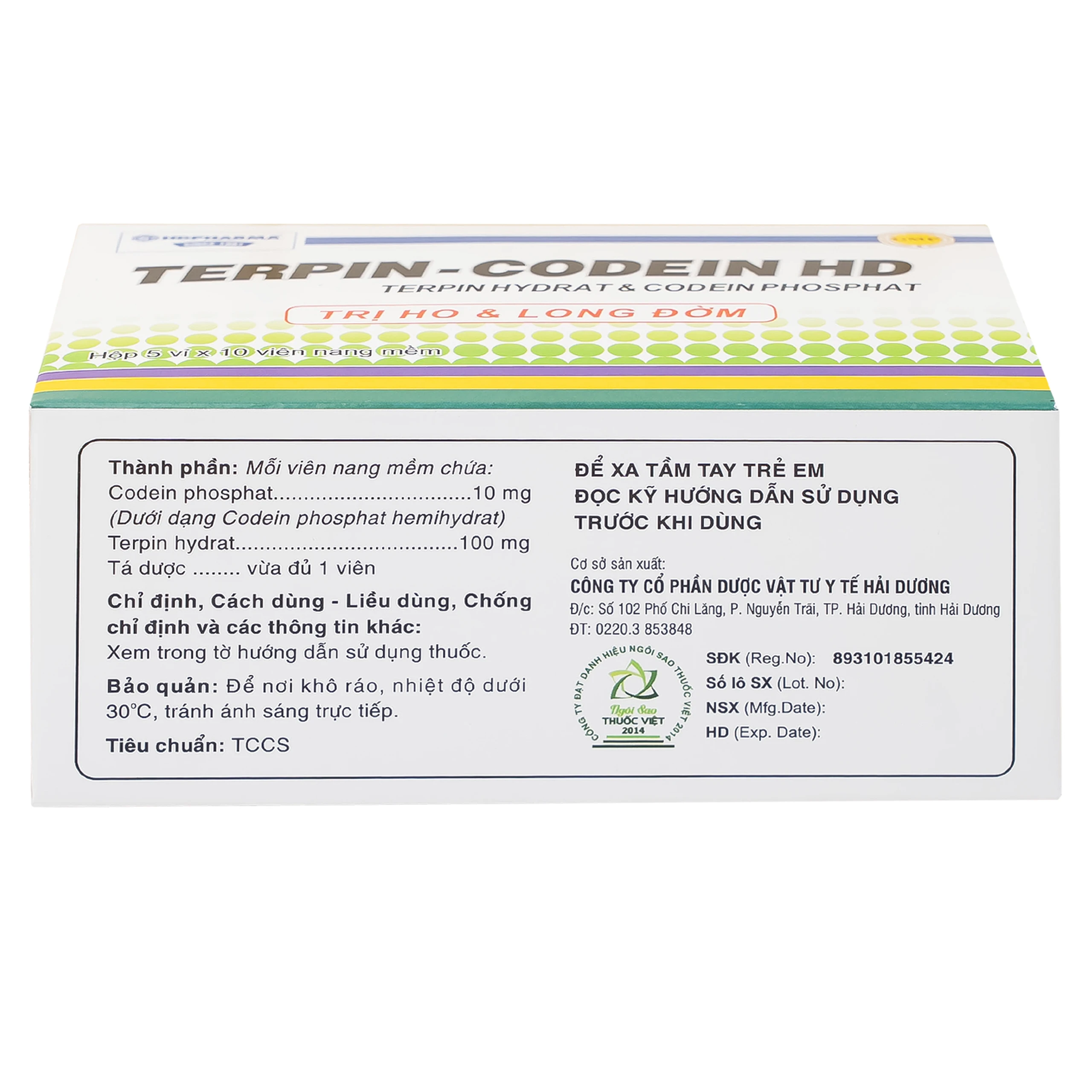 Thuốc Terpin-codein HD Hdpharma điều trị triệu chứng ho khan hoặc kích ứng (5 vỉ x 10 viên)