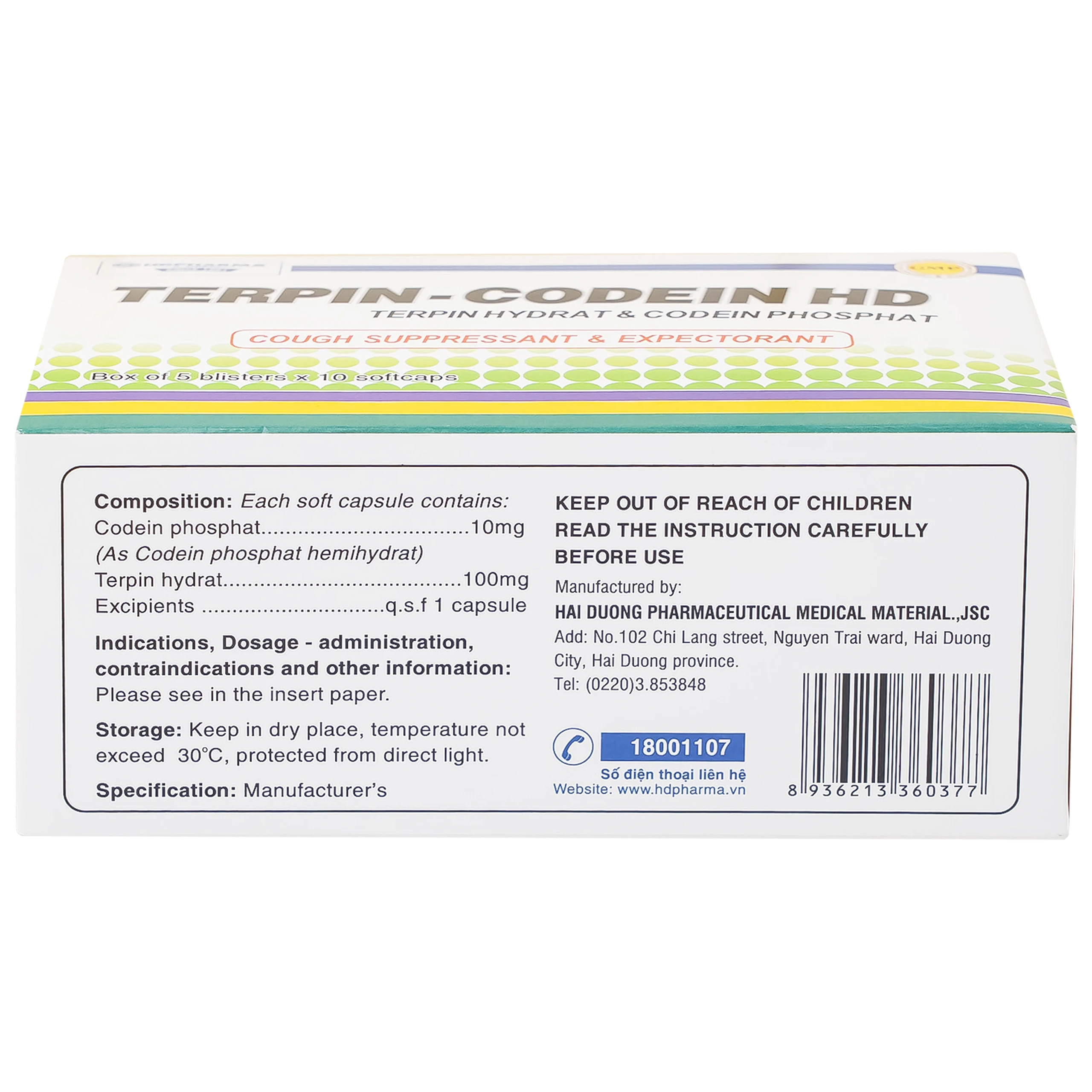 Thuốc Terpin-codein HD Hdpharma điều trị triệu chứng ho khan hoặc kích ứng (5 vỉ x 10 viên)