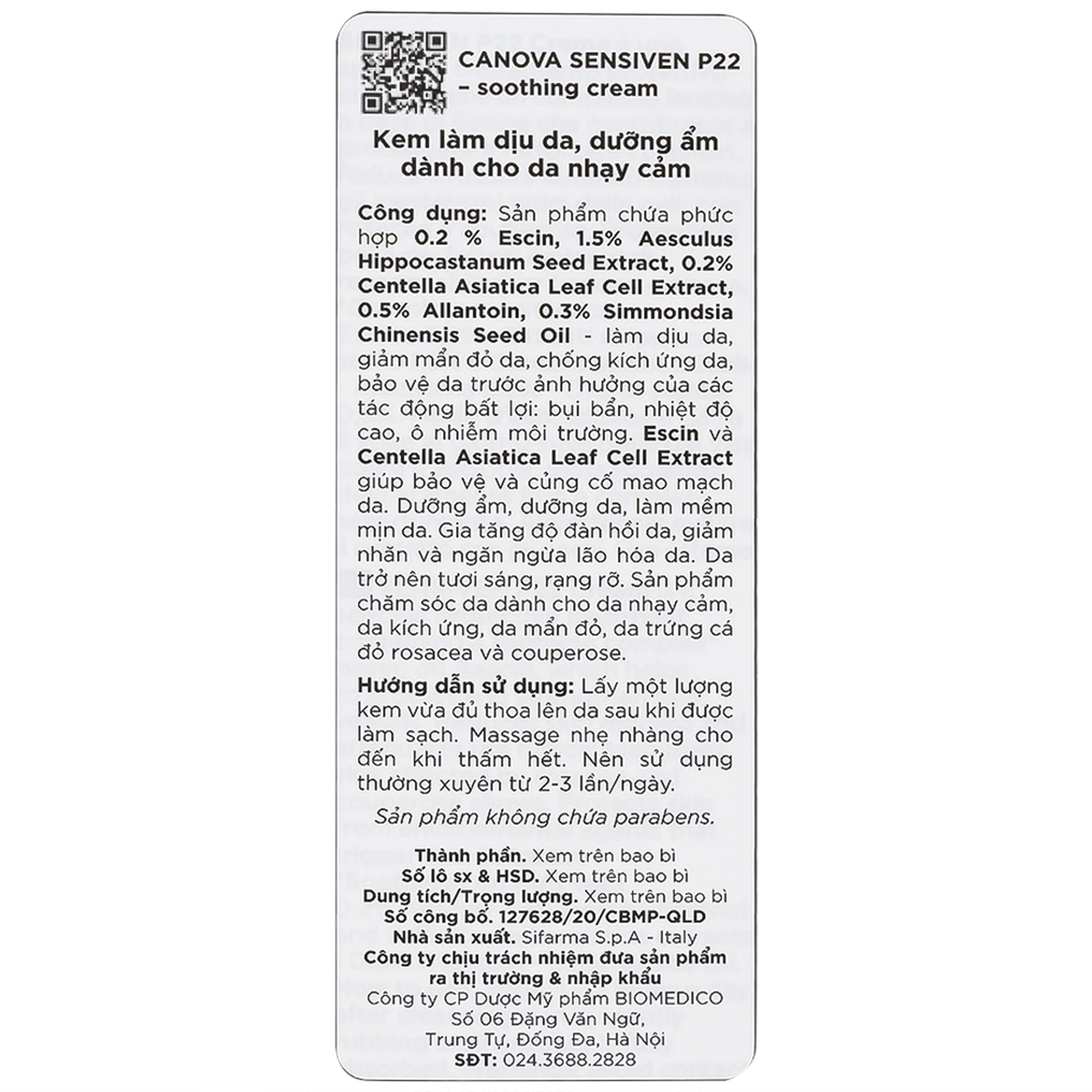 Kem bôi dịu da, dưỡng ẩm Canova Sensiven P22 Soothing Cream Sifarma 50ml