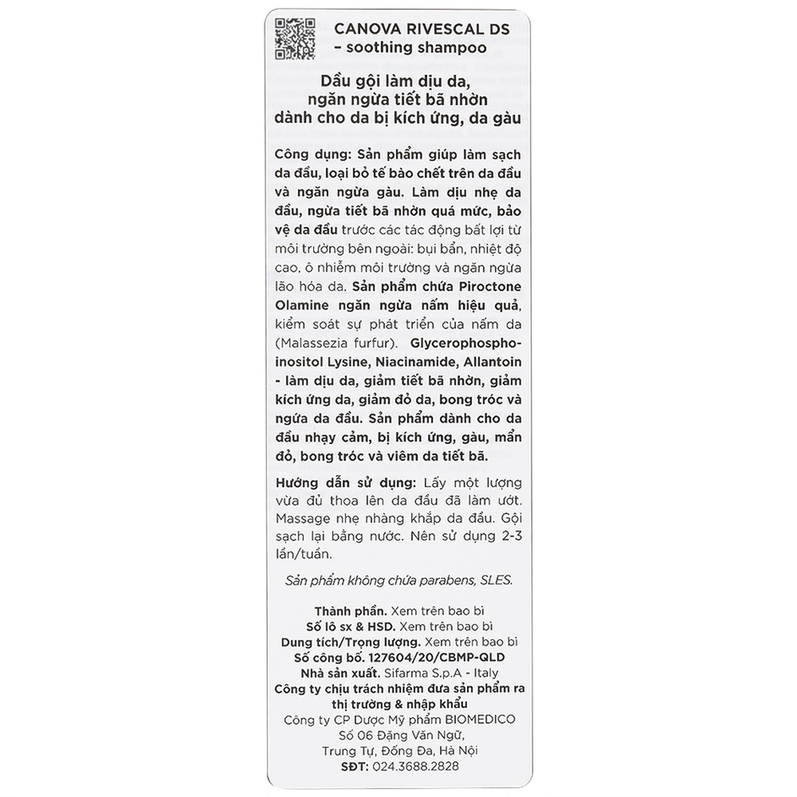 Dầu gội dịu da Canova Rivescal DS Soothing Shampoo ngừa tiết bã nhờn, giảm kích ứng cho da đầu nhạy cảm, gàu (200ml)