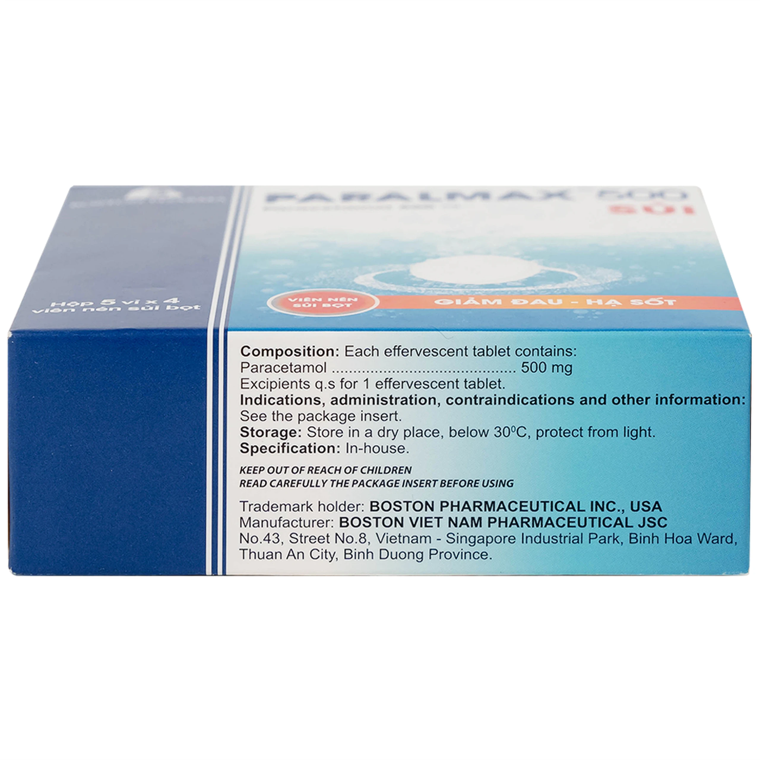 Viên sủi Effer-Paralmax 500 Boston giảm các chứng đau nhẹ đến vừa, đau đầu, đau răng (5 vỉ x 4 viên)