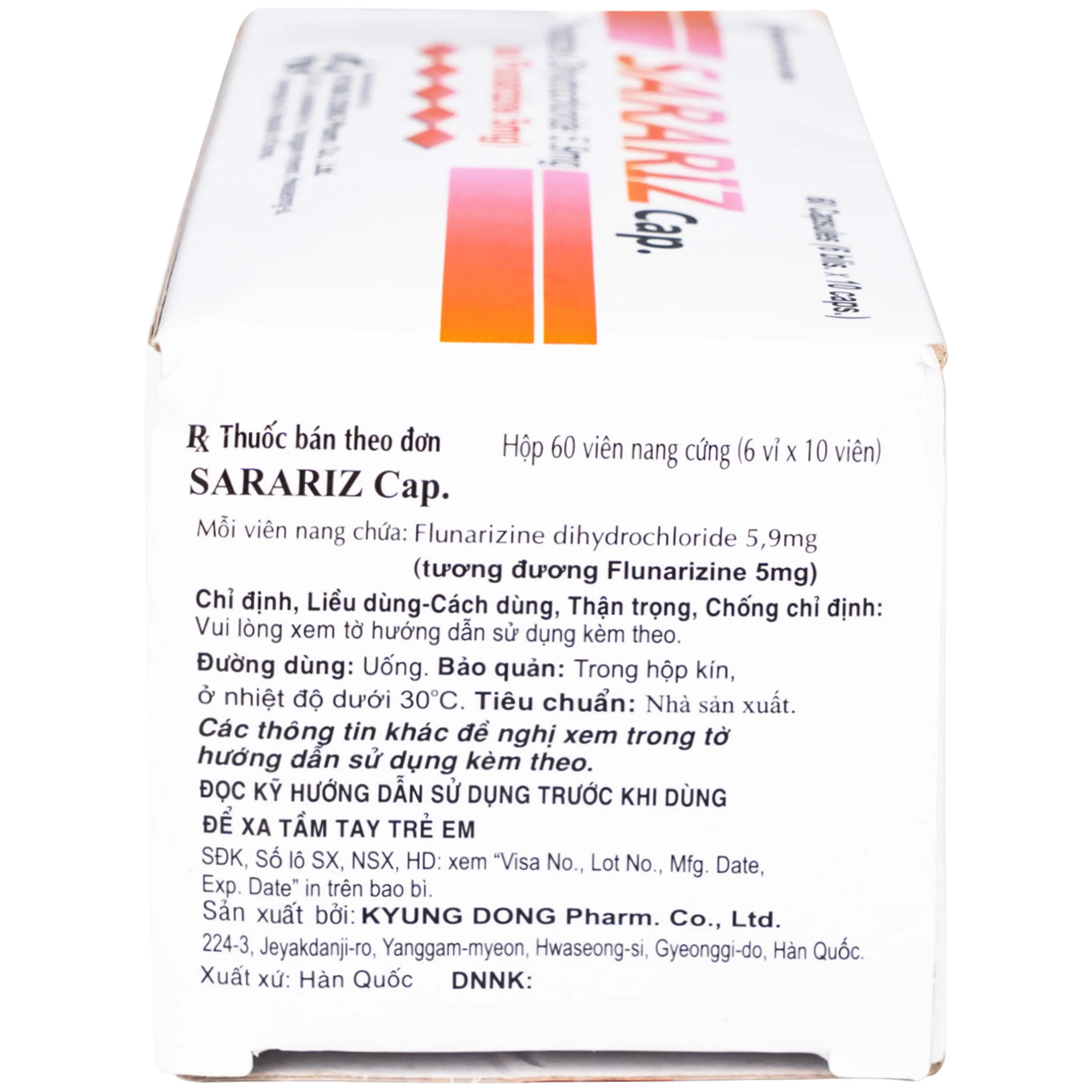 Thuốc Sarariz 5.9mg Kyung Dong điều trị đau nửa đầu, chứng chóng mặt (60 viên)
