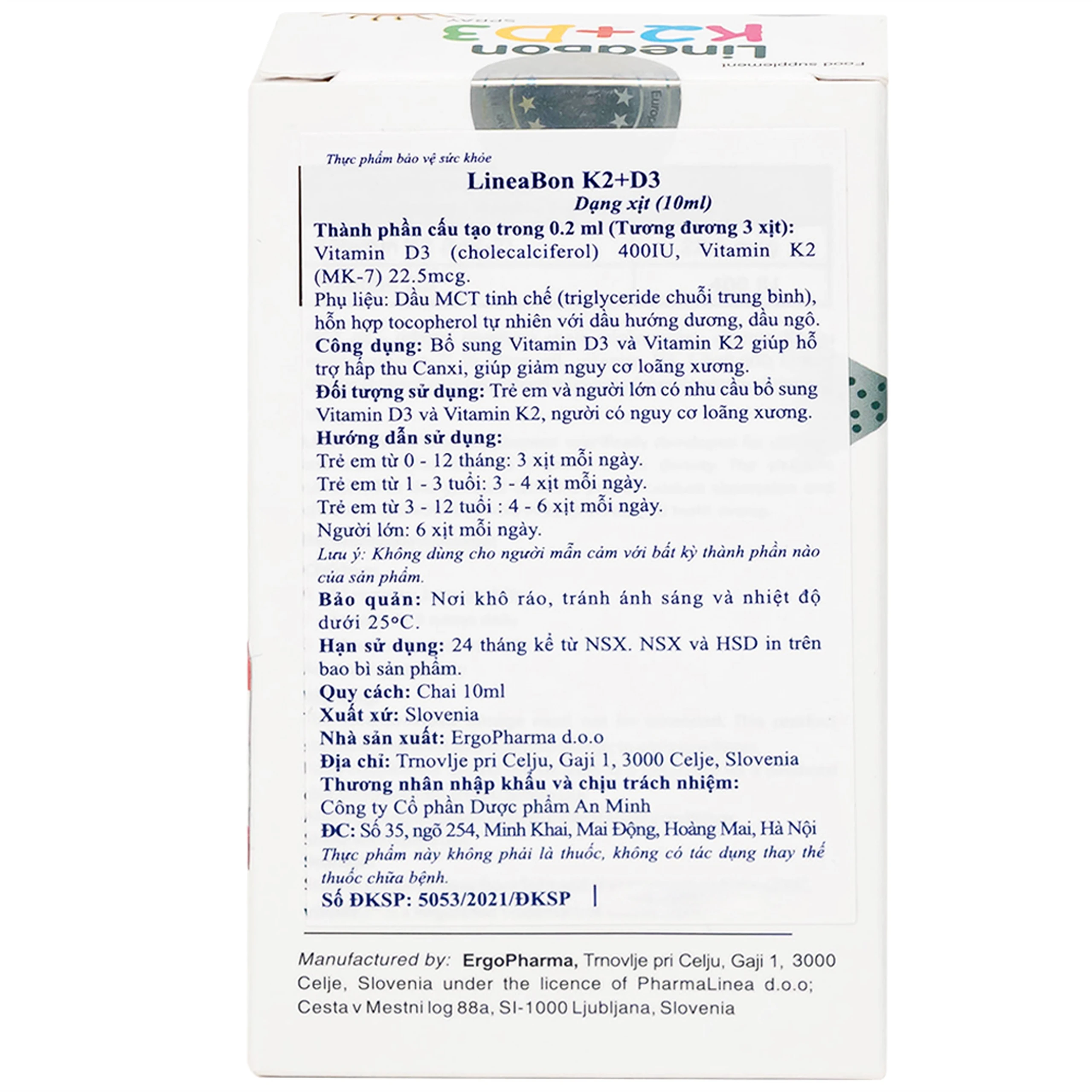 Chai xịt giúp hỗ trợ hấp thụ canxi LineaBon K2+D3 Ergopharma (10ml)