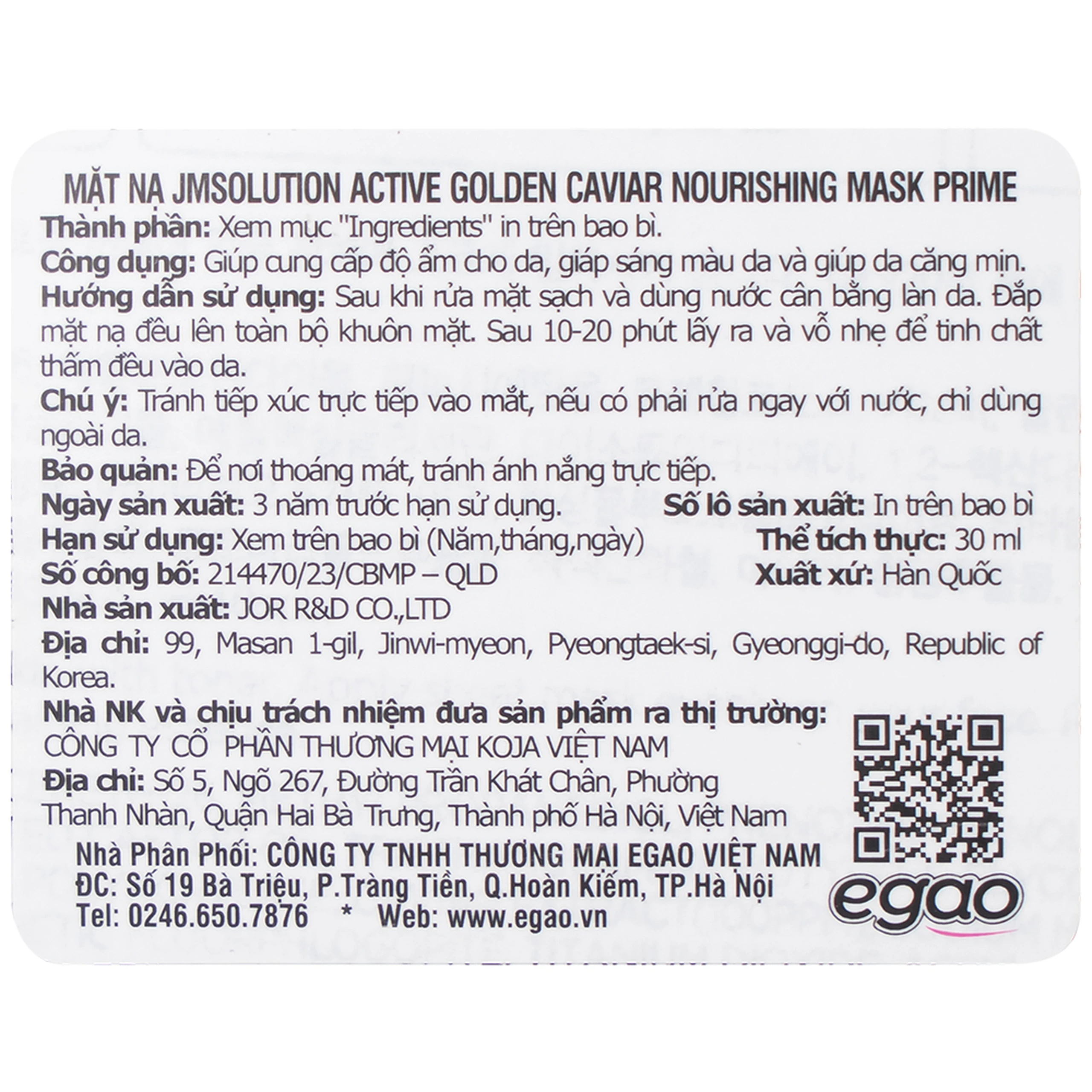 Mặt nạ dưỡng ẩm Jmsolution Active Golden Caviar Nourishing Mask trứng cá tầm gói 30ml