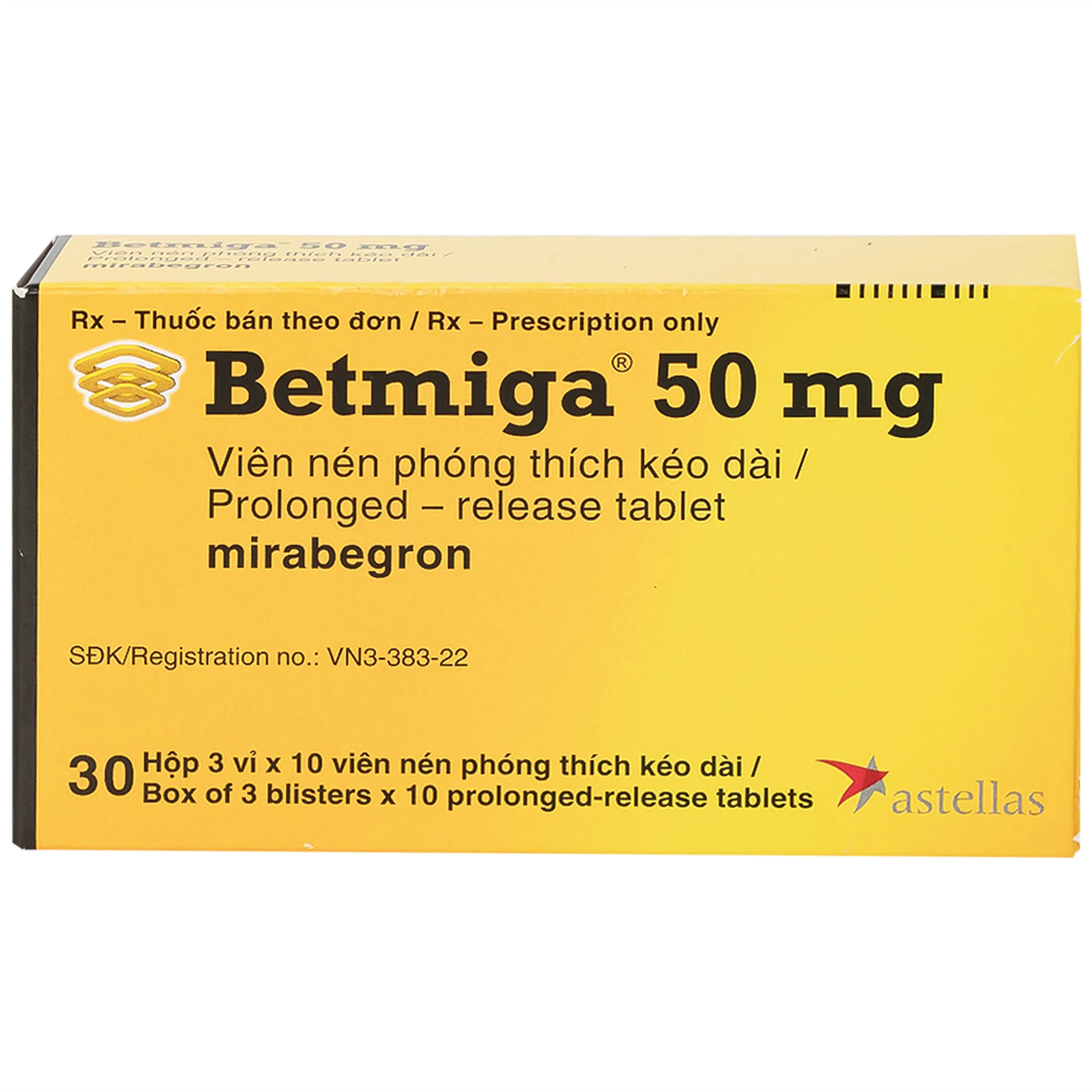 Thuốc Betmiga 50mg Astellas điều trị triệu chứng tiểu gấp (3 vỉ x 10 viên)