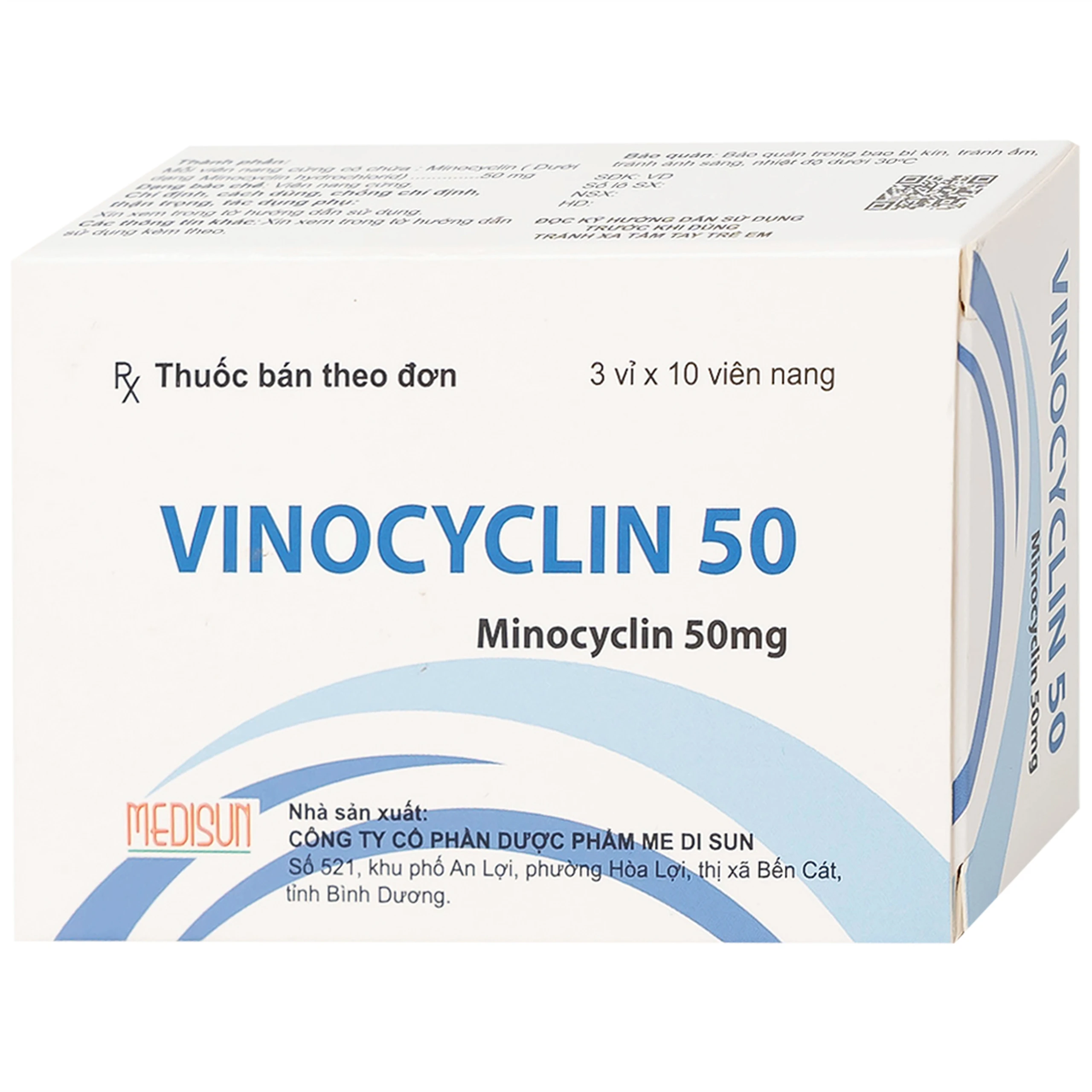 Thuốc Vinocyclin 50 Medisun điều trị mụn trứng cá, nhiễm trùng đường hô hấp (3 vỉ x 10 viên)