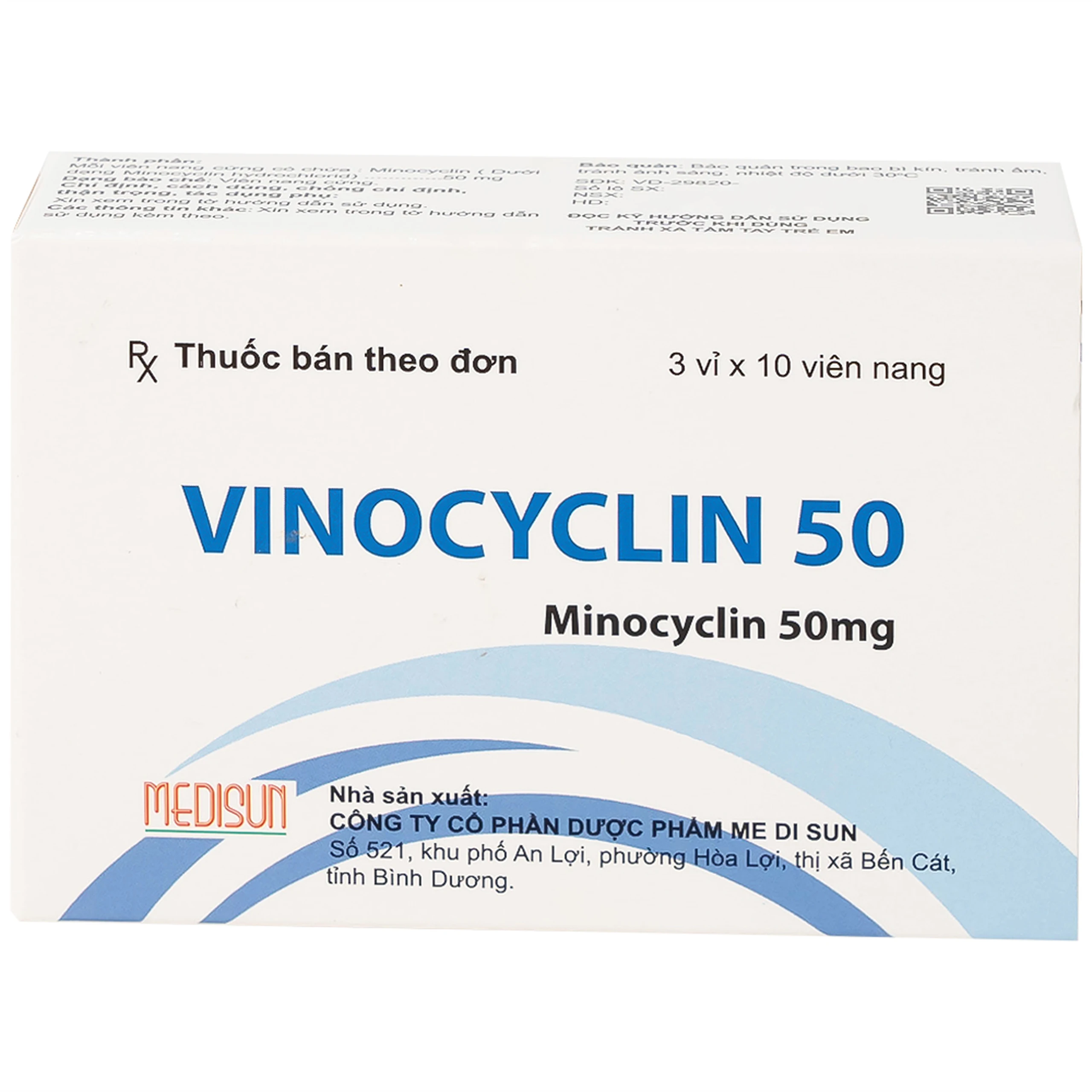 Thuốc Vinocyclin 50 Medisun điều trị mụn trứng cá, nhiễm trùng đường hô hấp (3 vỉ x 10 viên)