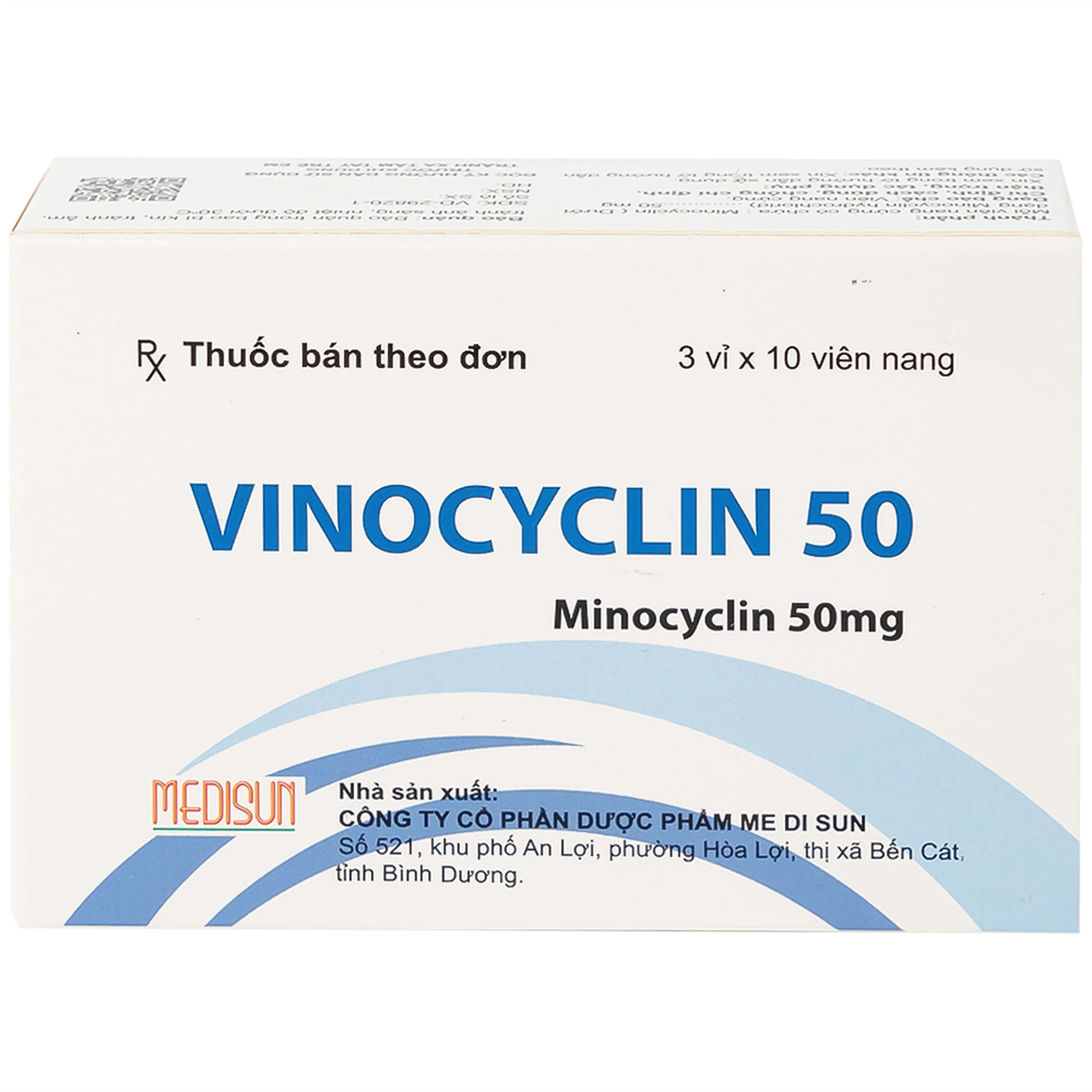 Thuốc Vinocyclin 50 Medisun điều trị mụn trứng cá, nhiễm trùng đường hô hấp (3 vỉ x 10 viên)