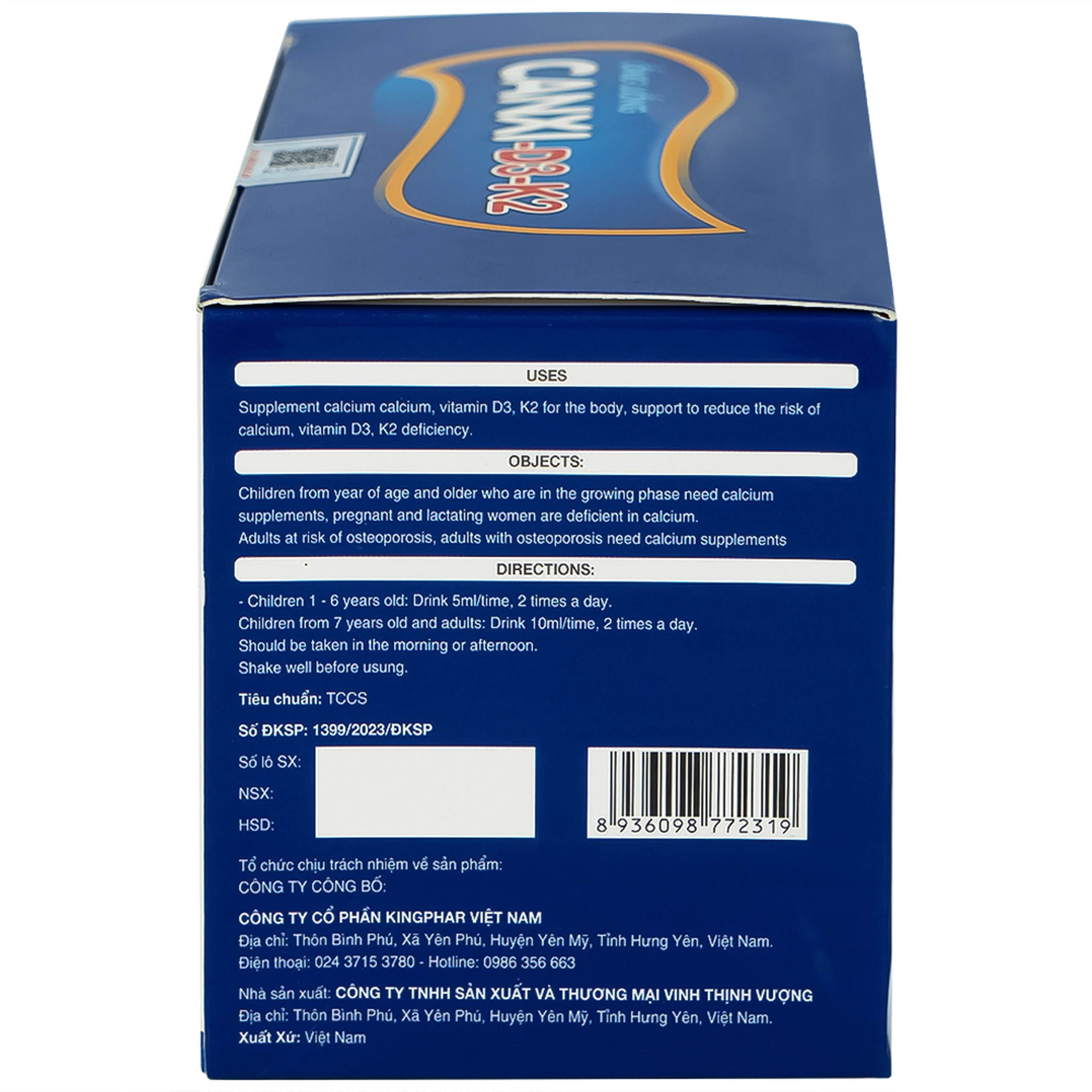 Siro bổ sung canxi & vitamin D3, K2 cho cơ thể Canxi-D3-K2 Kingphar (6 vỉ x 5 ống x 5ml)