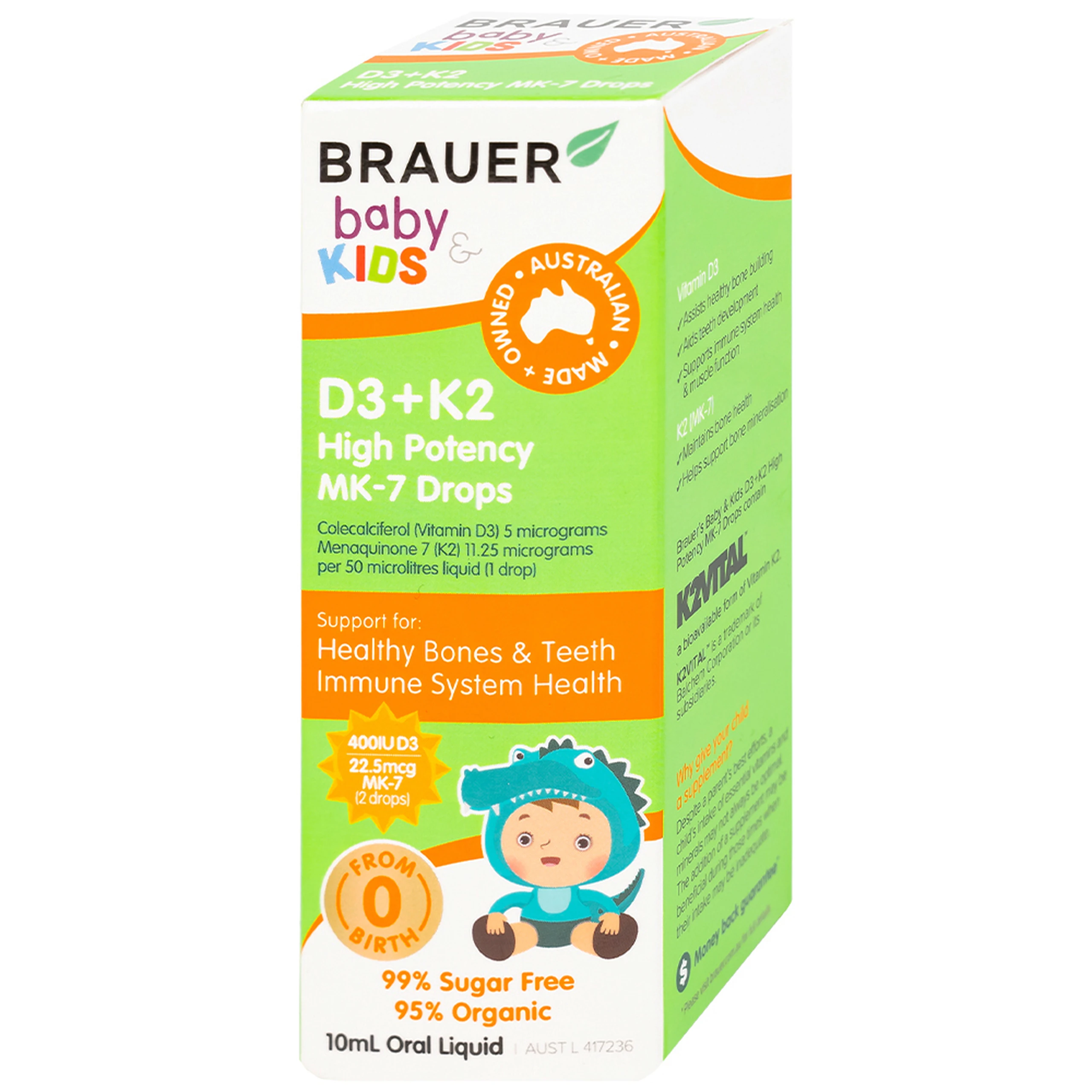 Siro giúp xương răng chắc khỏe, bổ sung vitamin D3 + K2 Brauer Baby & Kids D3 + K2 High Potency MK-7 Drops (10ml)
