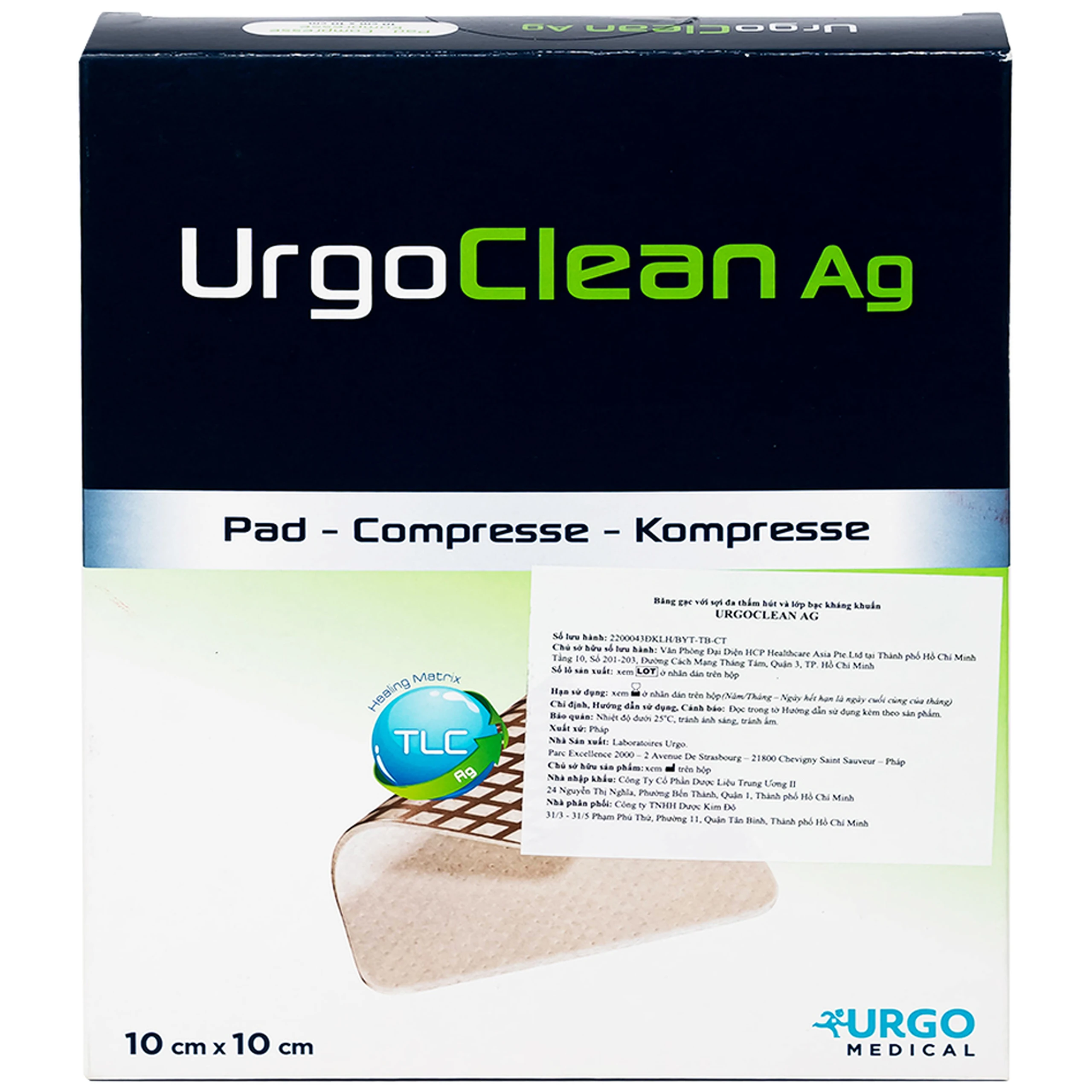 Gạc thấm hút kháng khuẩn chống dính Urgoclean AG 10x10cm (10 miếng)