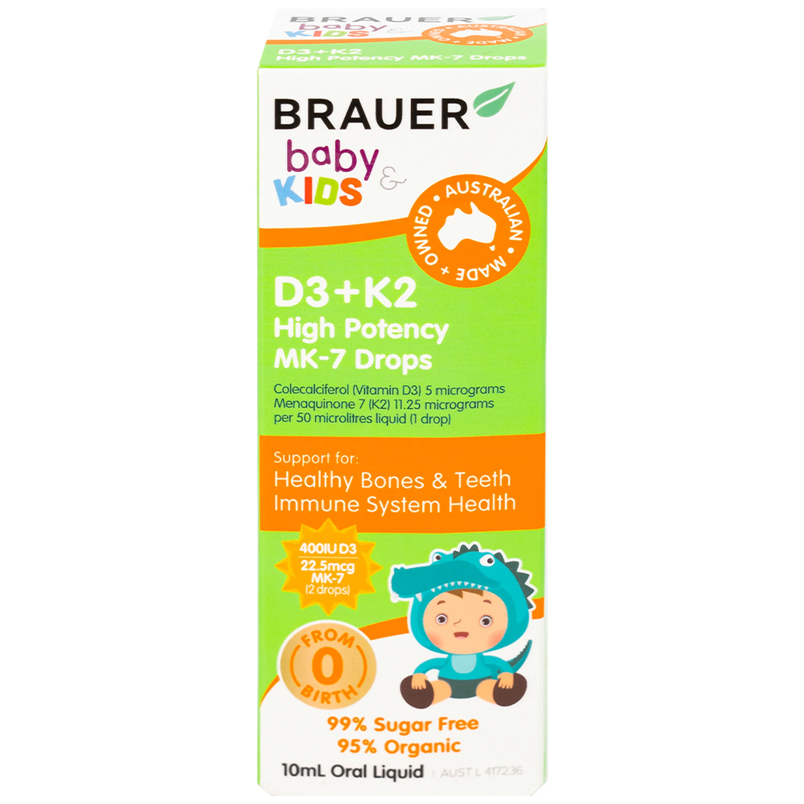 Siro giúp xương răng chắc khỏe, bổ sung vitamin D3 + K2 Brauer Baby & Kids D3 + K2 High Potency MK-7 Drops (10ml)