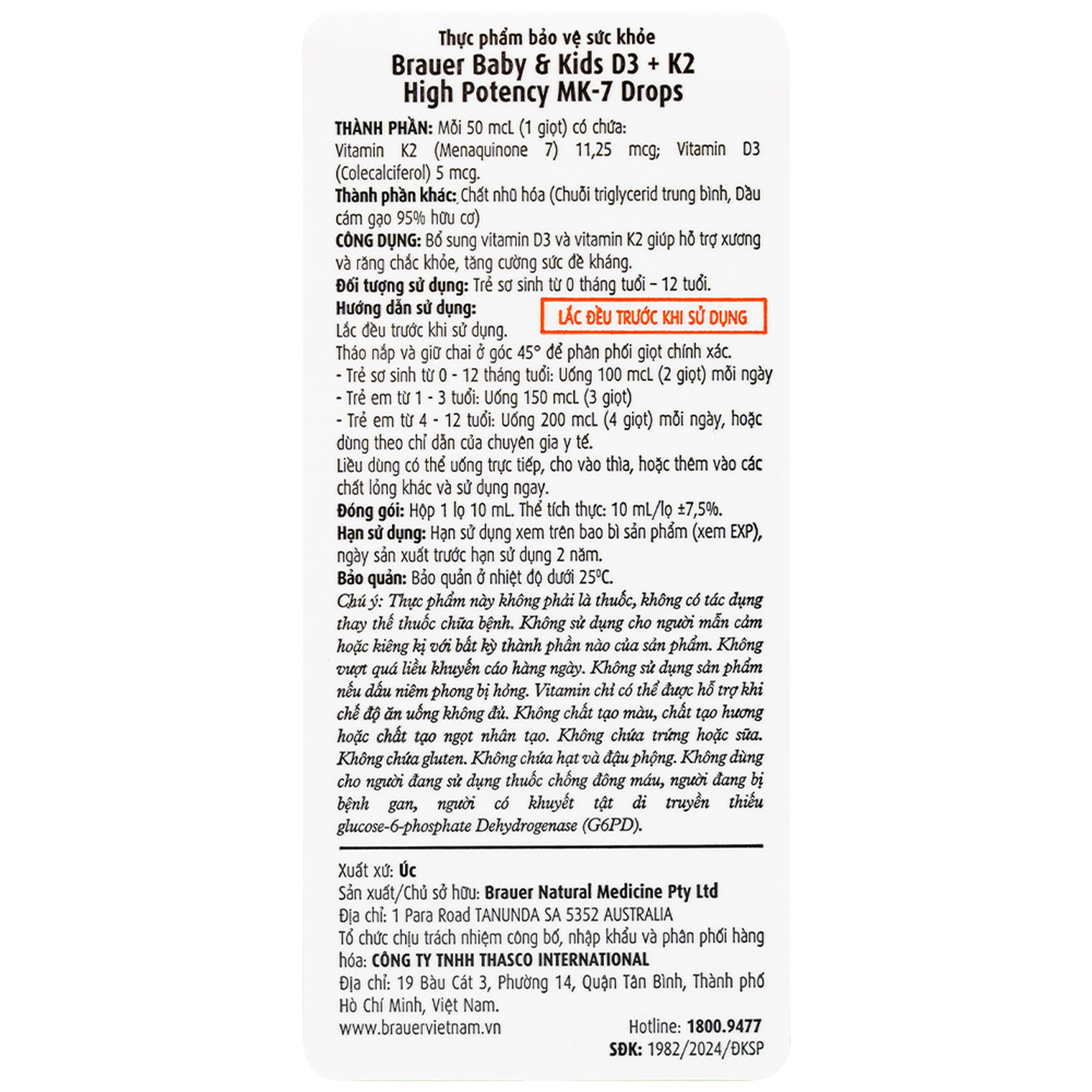 Siro giúp xương răng chắc khỏe, bổ sung vitamin D3 + K2 Brauer Baby & Kids D3 + K2 High Potency MK-7 Drops (10ml)