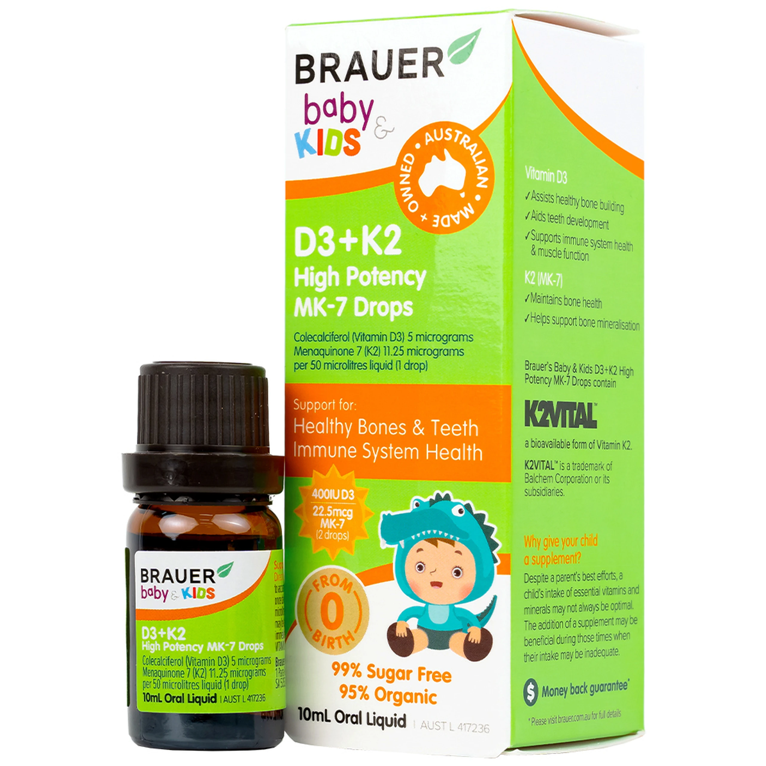 Siro giúp xương răng chắc khỏe, bổ sung vitamin D3 + K2 Brauer Baby & Kids D3 + K2 High Potency MK-7 Drops (10ml)
