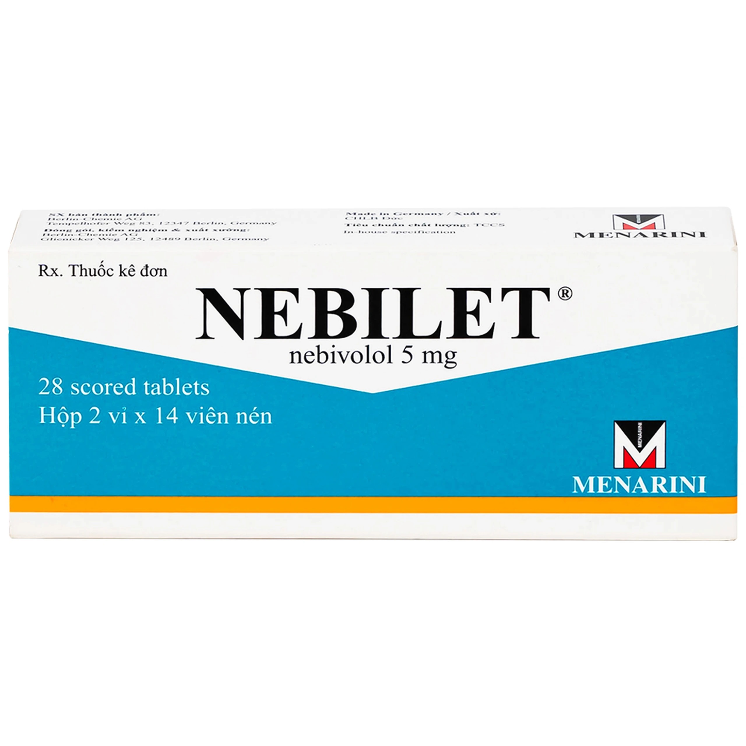 Thuốc Nebilet Nebivolol 5mg Menarini điều trị tăng huyết áp và suy tim mạn tính (2 vỉ x 14 viên)