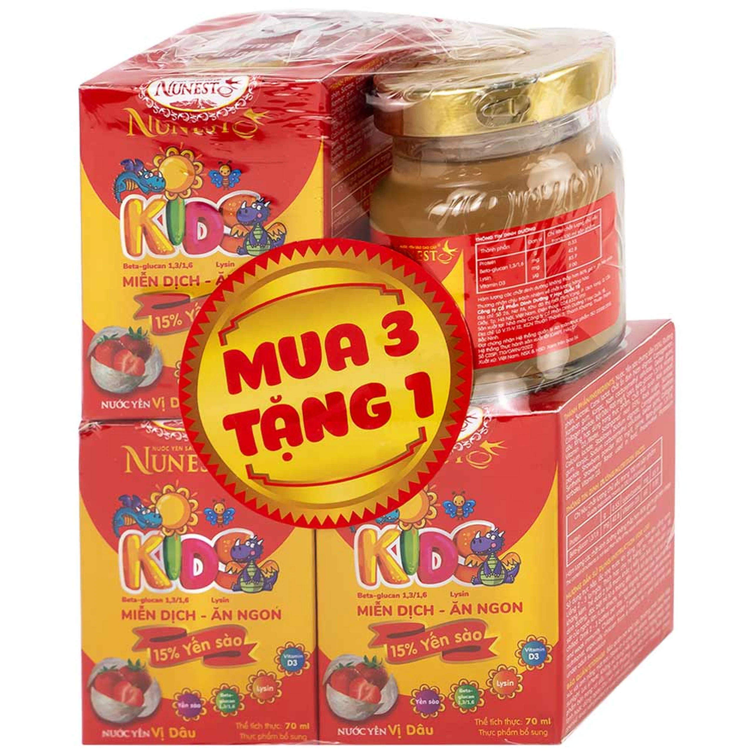 Nước Yến Sào Cao Cấp Cho Trẻ Em Nunest Kid Vị Dâu Lốc 3+1 (70ml)