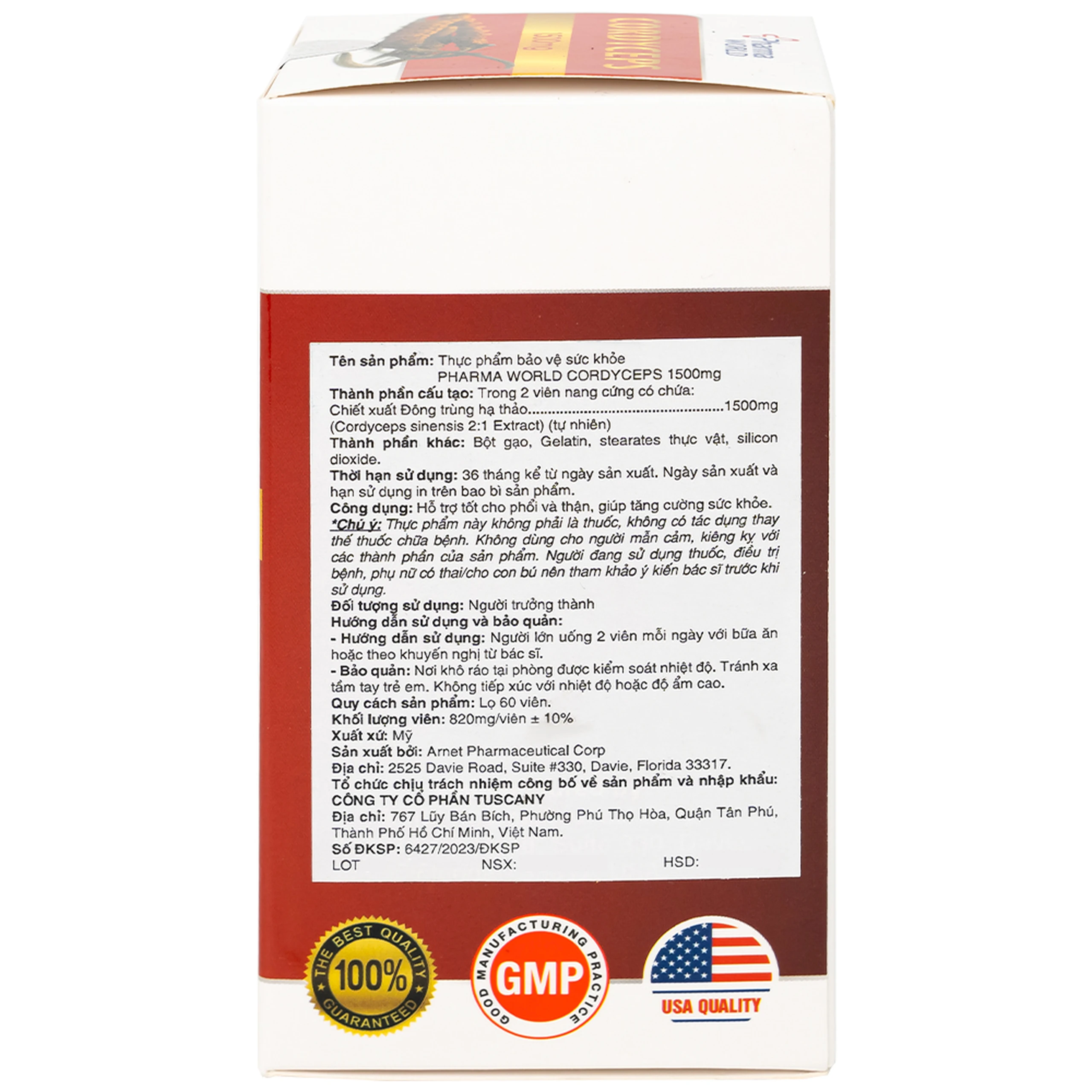 Viên uống Đông Trùng Hạ Thảo giúp tăng cường sức khỏe Cordyceps 1500mg Pharma World (60 viên)