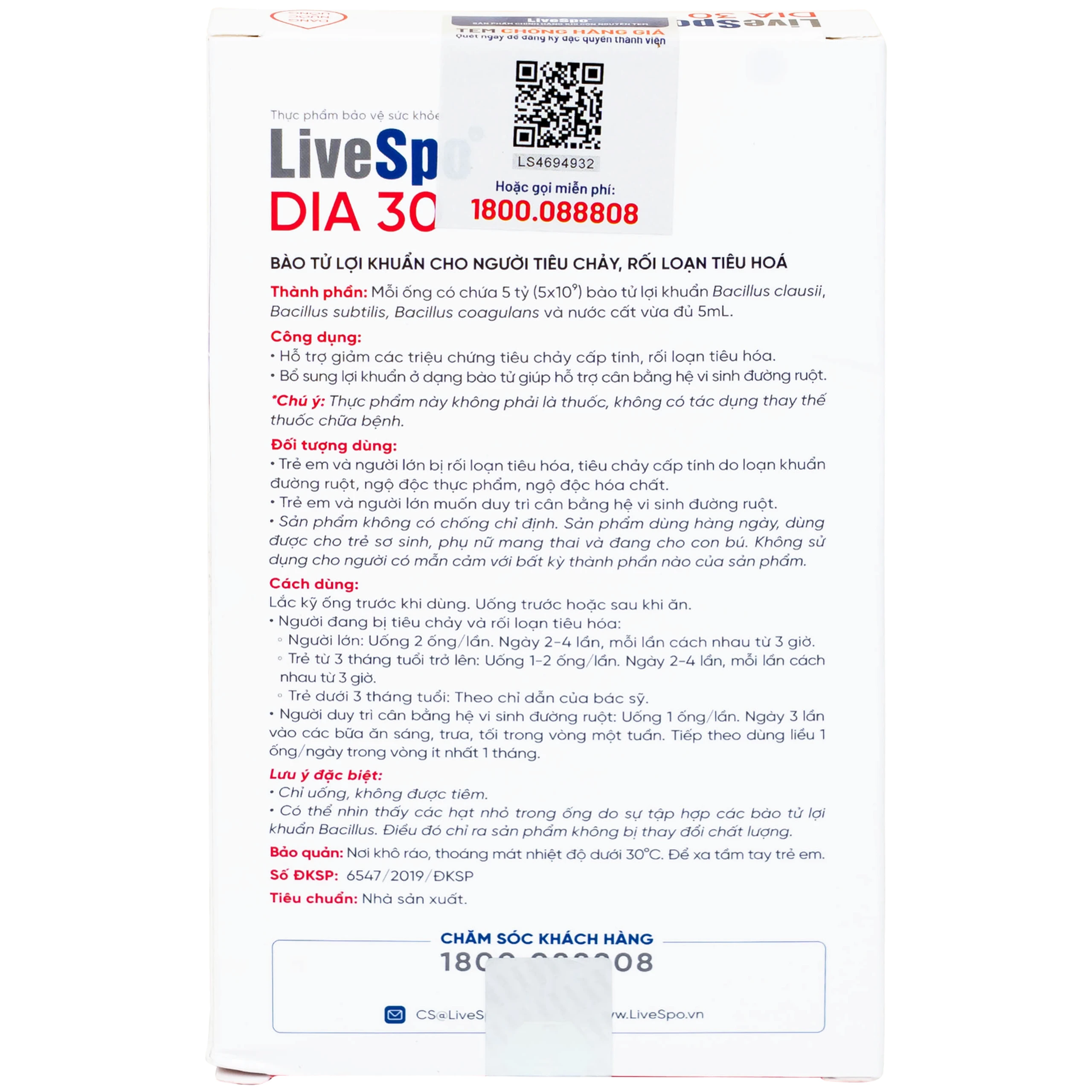 Bào tử lợi khuẩn cho người tiêu chảy cấp tính, rối loạn tiêu hoá Livespo DIA 30 (10 ống x 5ml)