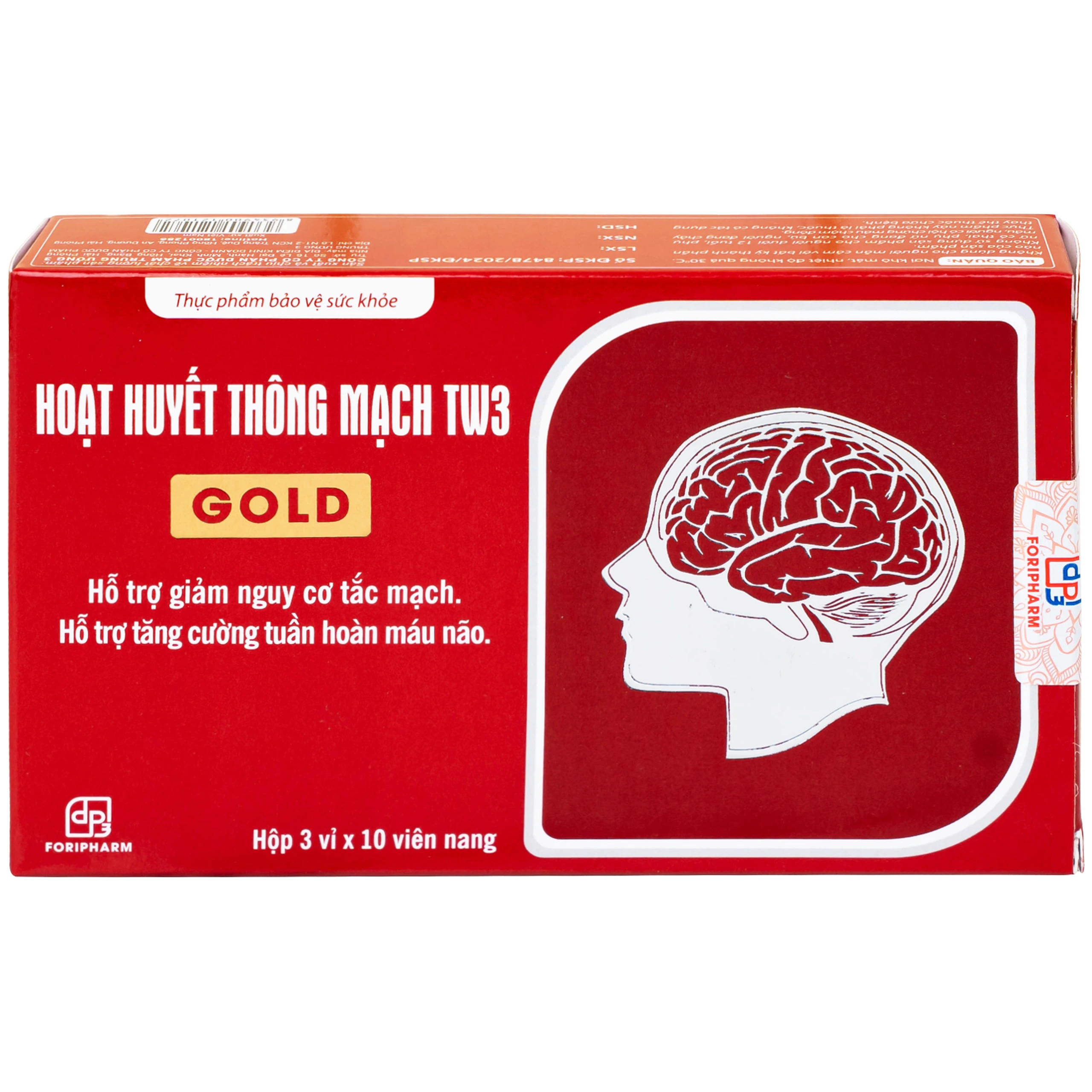 Viên uống hỗ trợ giảm nguy cơ tắc mạch, tăng tuần hoàn não Hoạt Huyết Thông Mạch Gold TW3 Foripharm (3 vỉ x 10 viên)