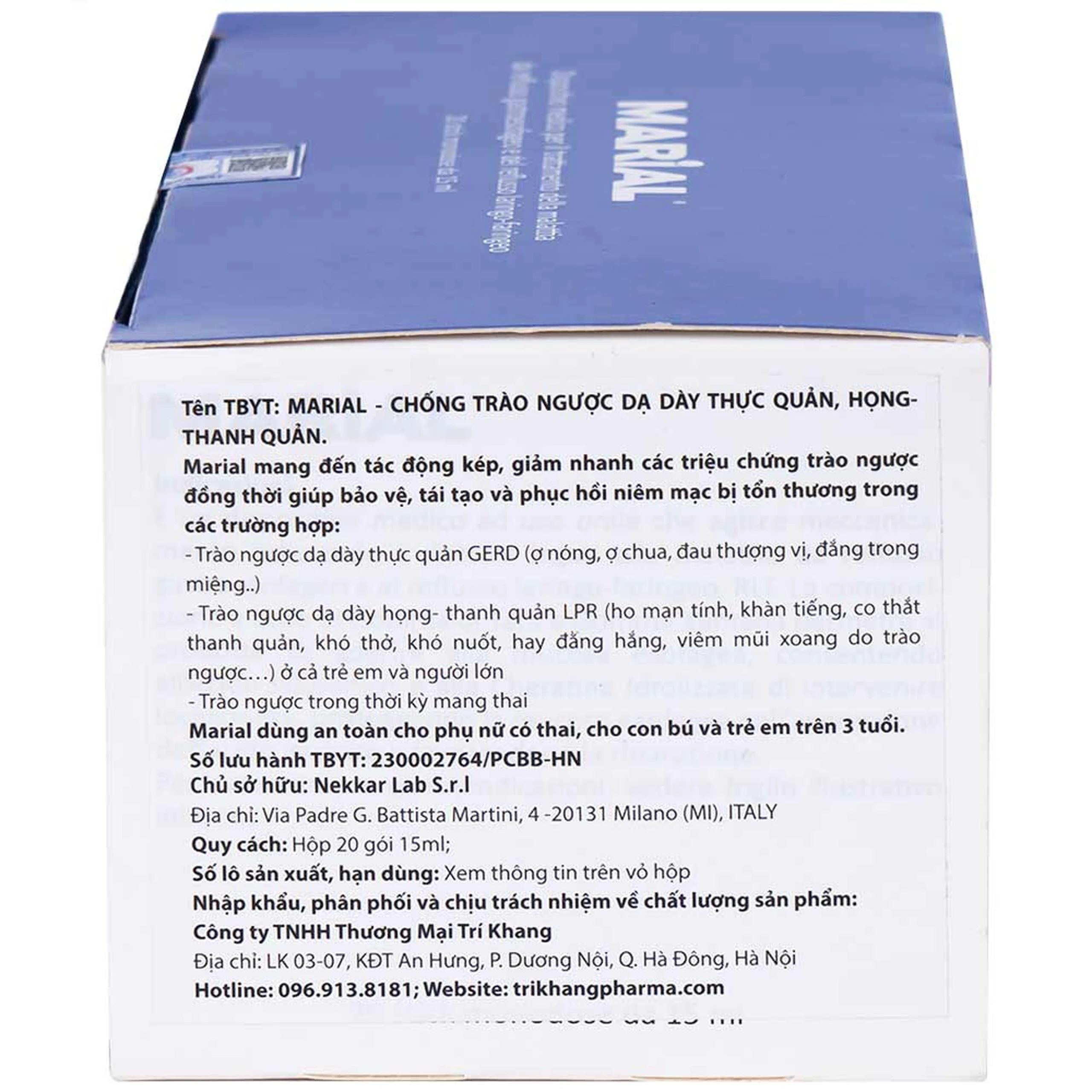 Marial Gel (20 gói x 15ml) chống trào ngược dạ dày thực quản, ợ chua, khó tiêu, bảo vệ và tái tạo phục hồi niêm mạc họng