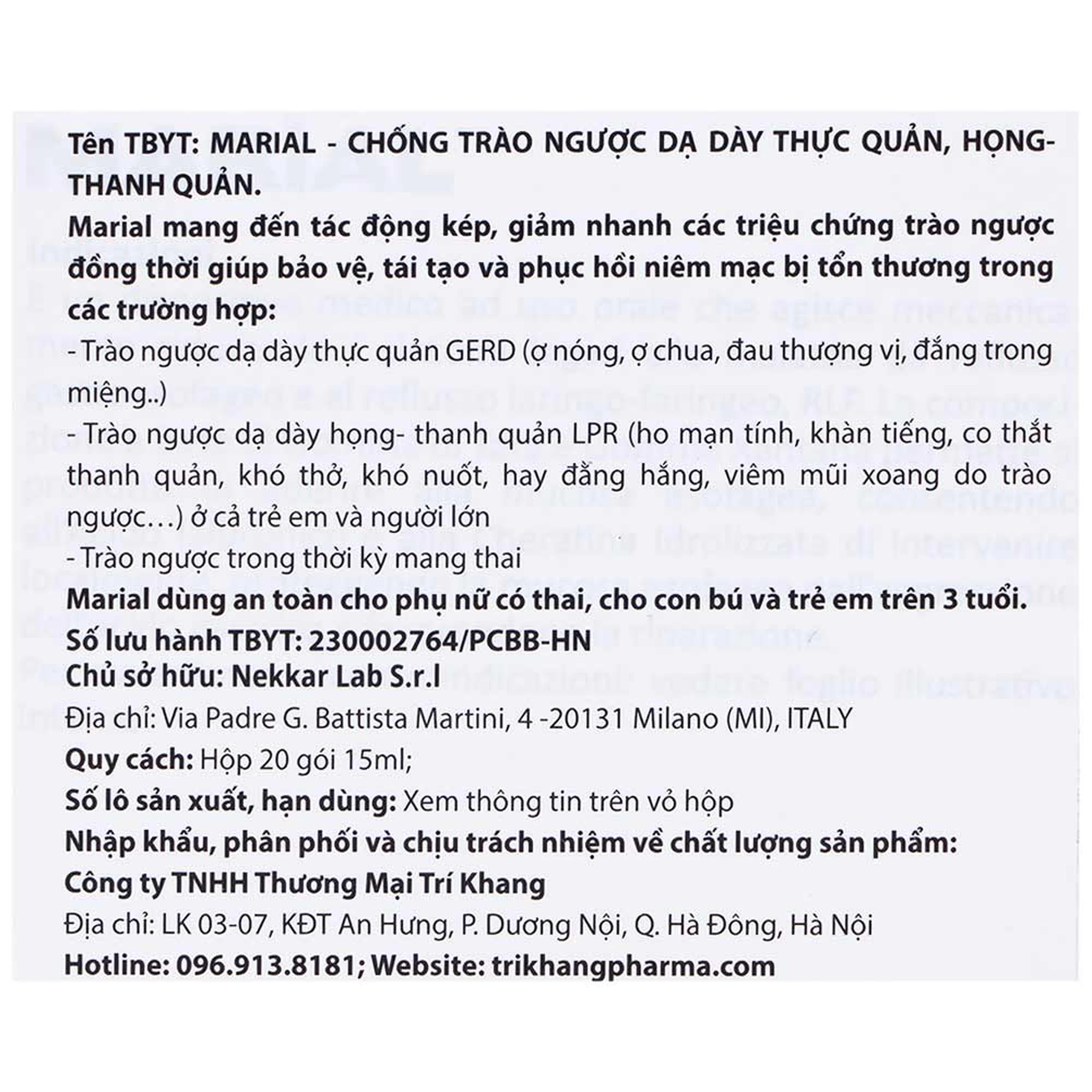 Marial Gel (20 gói x 15ml) chống trào ngược dạ dày thực quản, ợ chua, khó tiêu, bảo vệ và tái tạo phục hồi niêm mạc họng