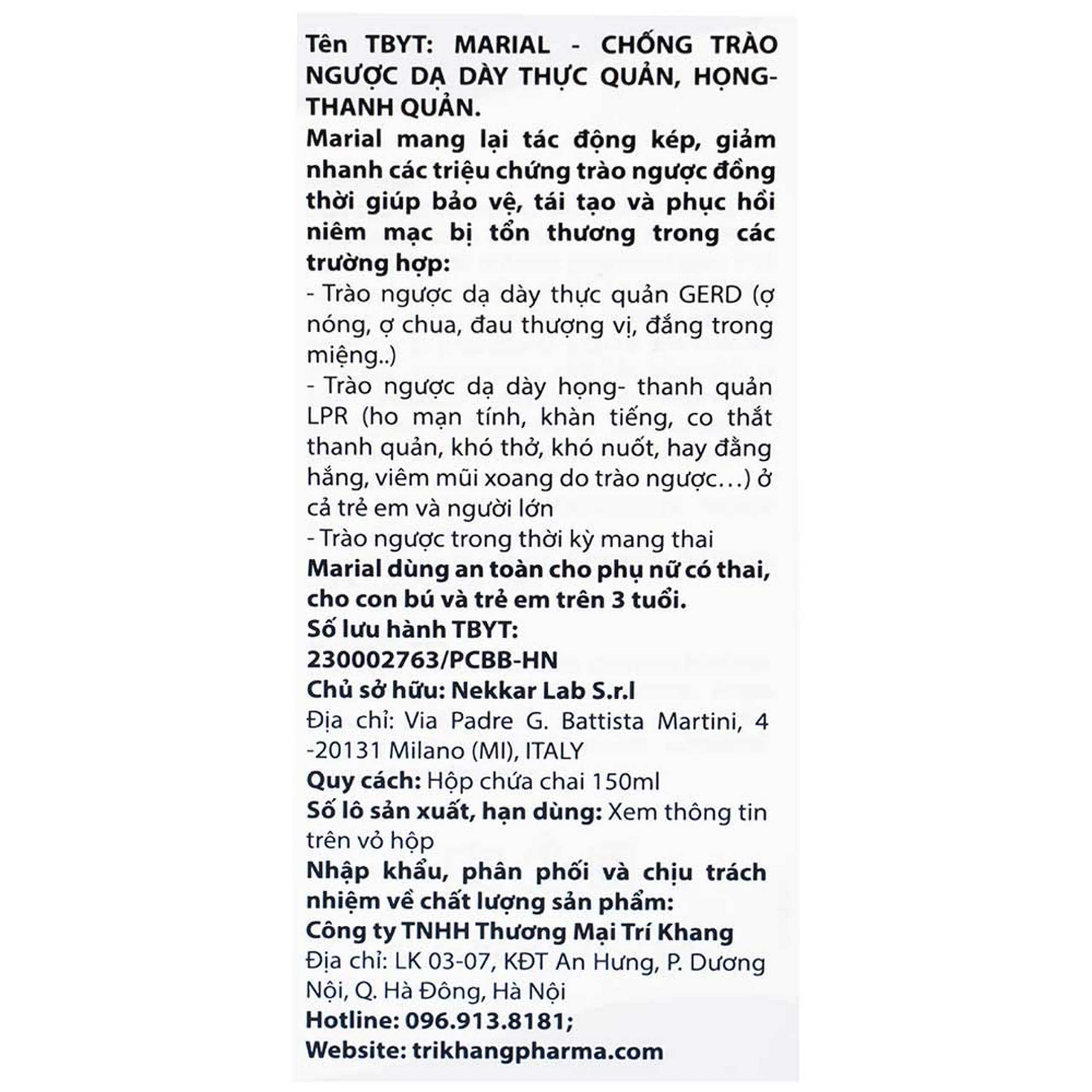 Marial Gel 150ml chống trào ngược dạ dày thực quản, ợ chua, khó tiêu, bảo vệ và tái tạo phục hồi niêm mạc họng