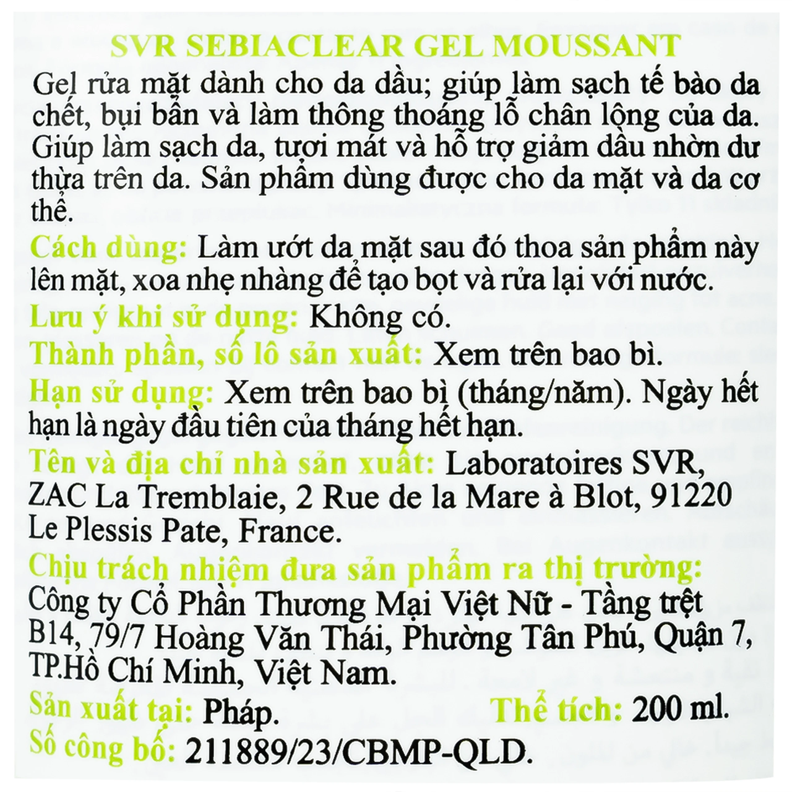 Gel rửa mặt không xà phòng cho da dầu SVR Sebiaclear Moussant 200ml