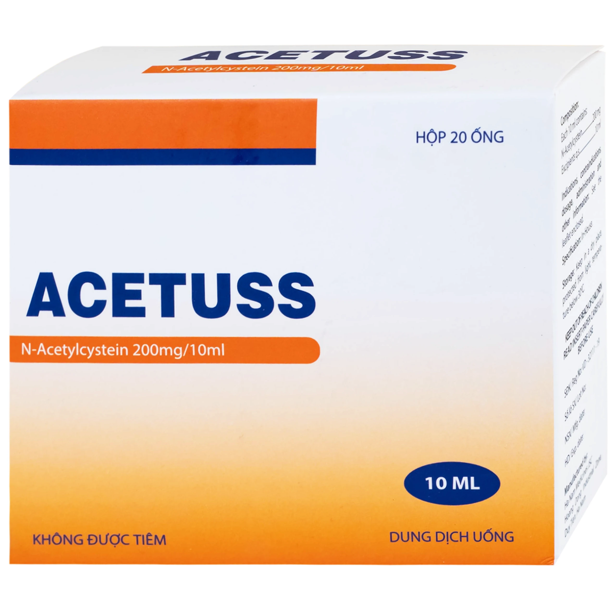 Dung dịch uống Acetuss Hà Nam tiêu nhầy trong bệnh viêm phế quản, bệnh nhầy nhớt (20 ống)