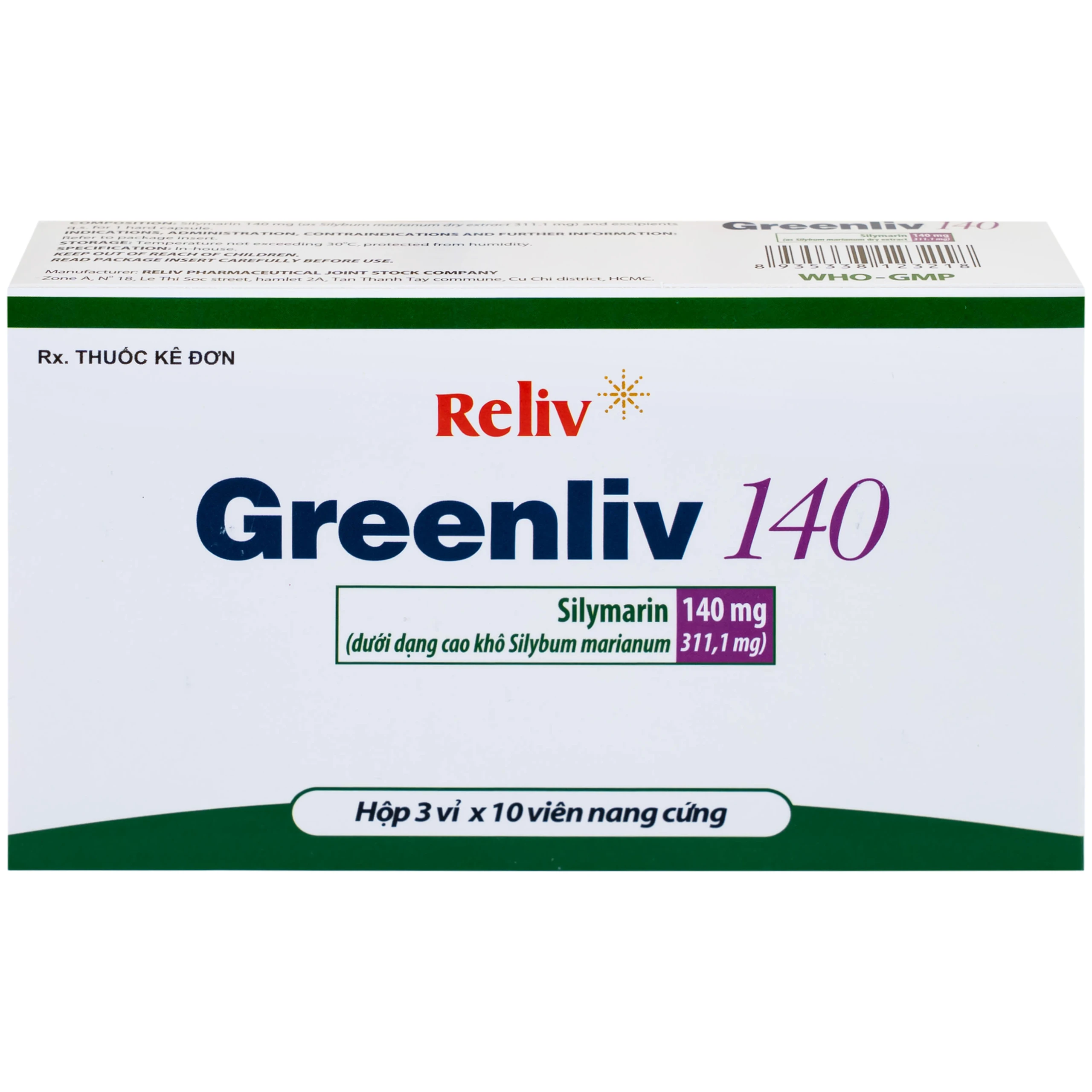 Thuốc Greenliv 140mg Reliv điều trị rối loạn tiêu hóa trong các bệnh về gan, viêm gan cấp và mãn tính (3 vỉ x 10 viên)