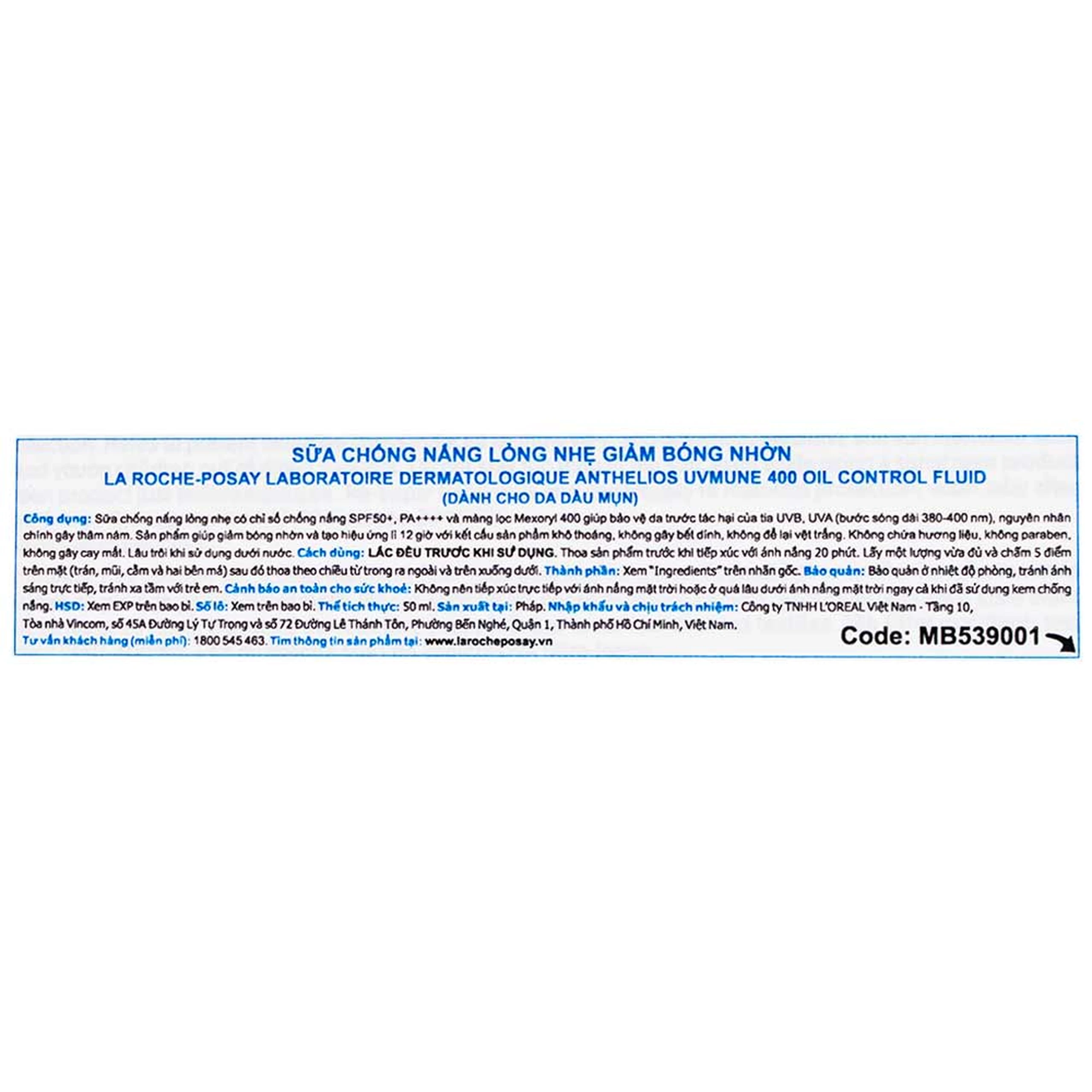 Kem chống nắng La Roche-Posay Anthelios UVMune 400 Oil Control Fluid SPF50+ PA++++ dành cho da dầu mụn (50ml)