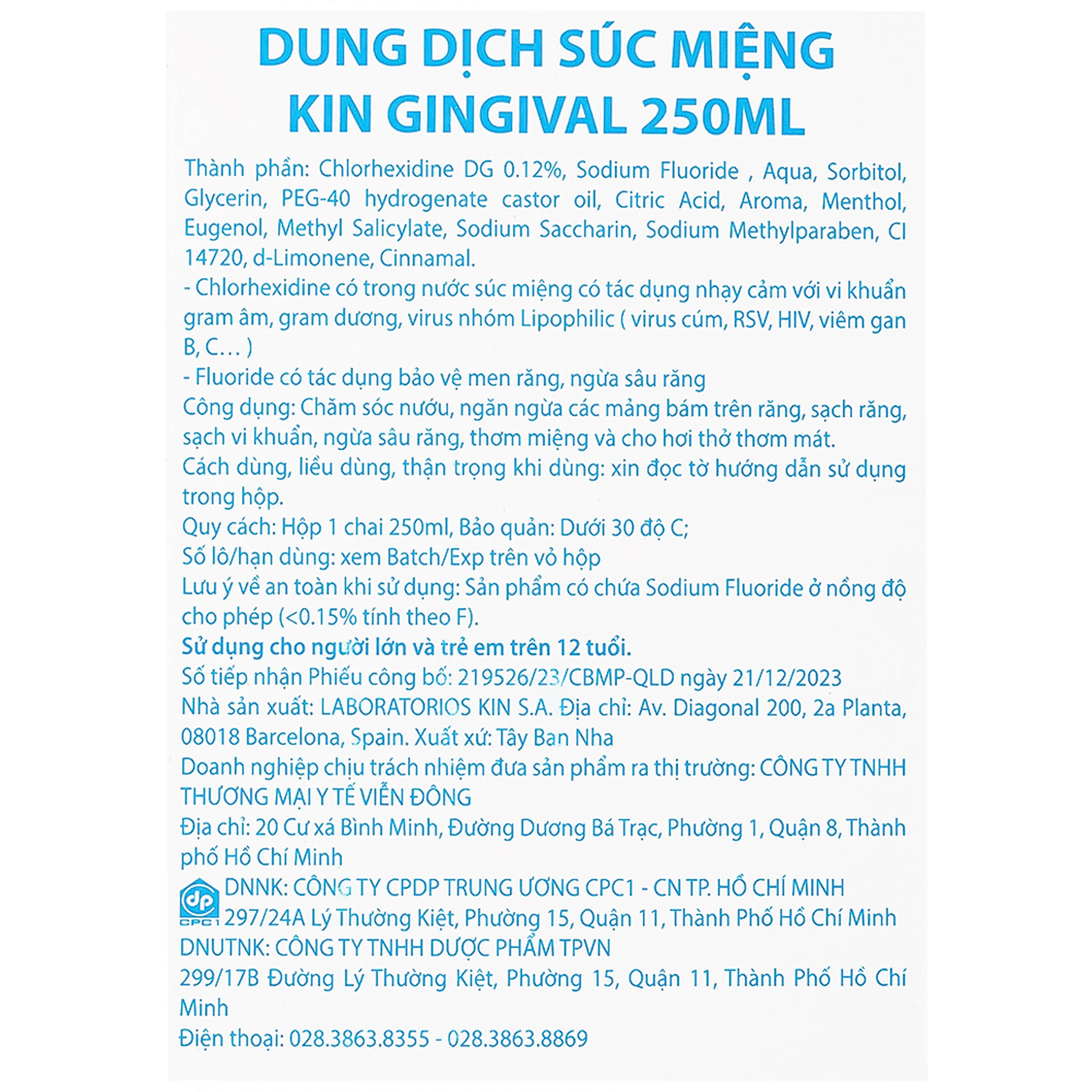 Dung dịch súc miệng Kin Gingival 250ml hỗ trợ chăm sóc nướu, ngăn ngừa các mảng bám trên răng