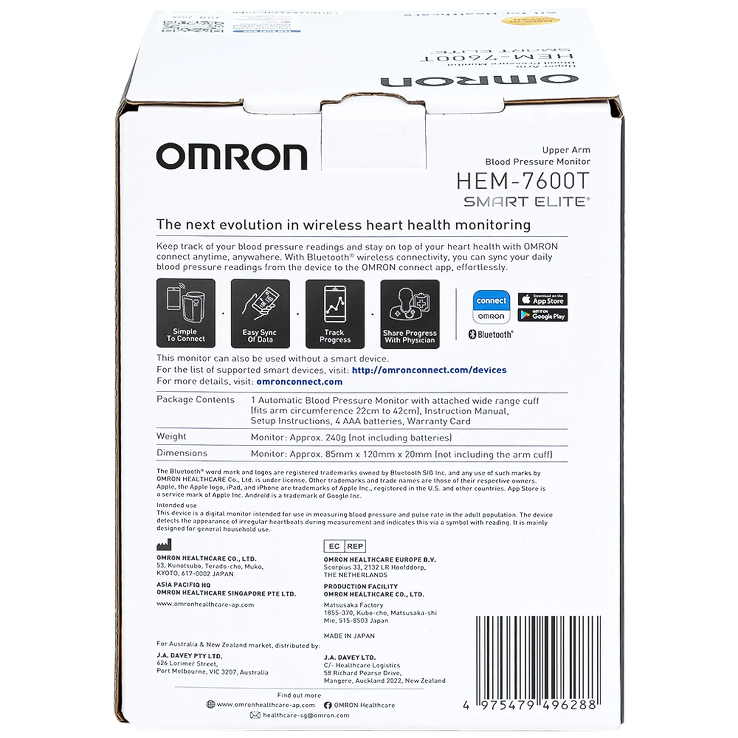 Máy đo huyết áp bắp tay không dây Omron HEM 7600T hỗ trợ đo huyết áp, nhịp tim