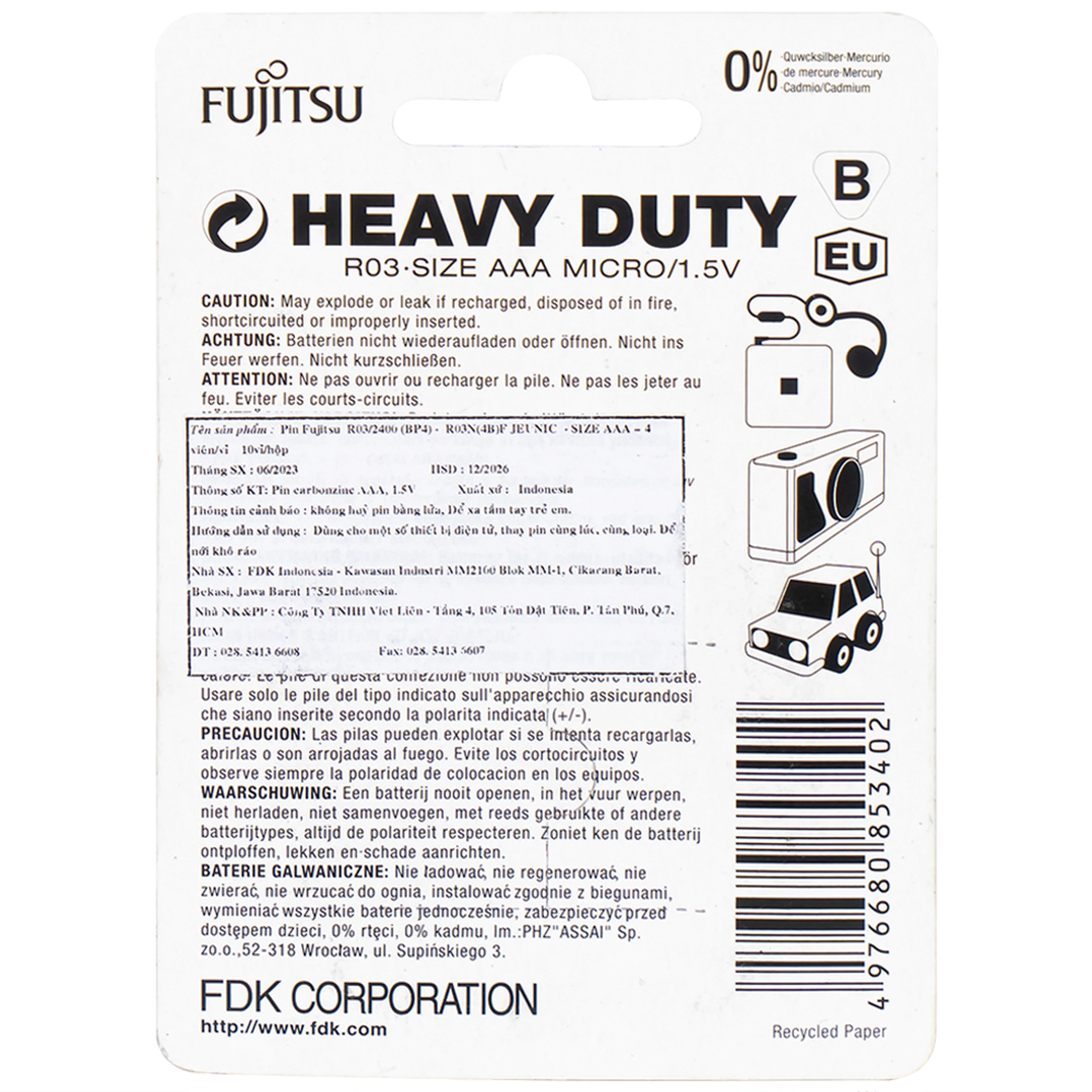 Pin Fujitsu R03/2400(BP4) AAA (vỉ 4 viên) dùng cho các thiết bị điện tử