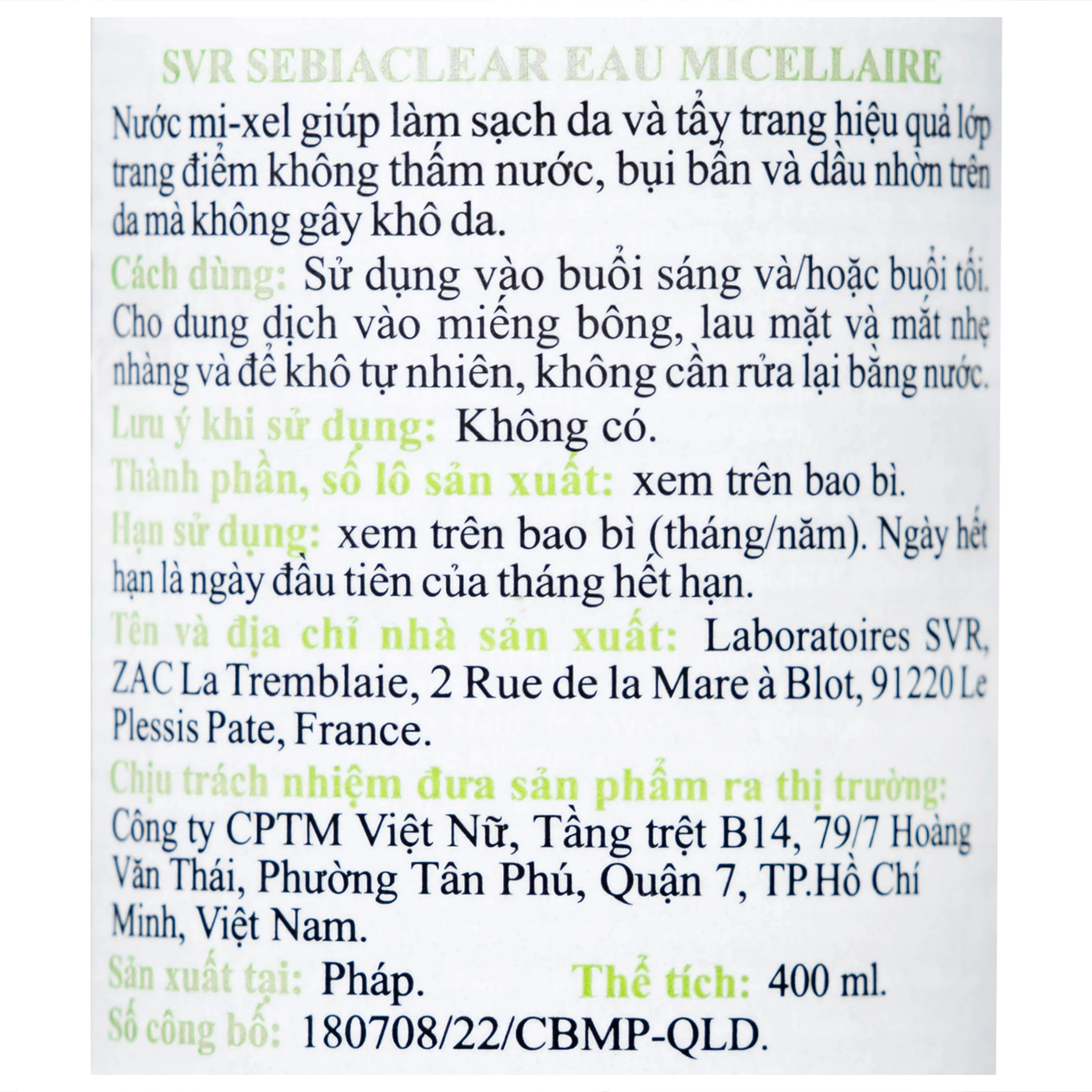 Nước tẩy trang SVR Eau Micellaire Sebiaclear 400ml làm sạch da và tẩy trang lớp trang điểm dành cho da dầu mụn