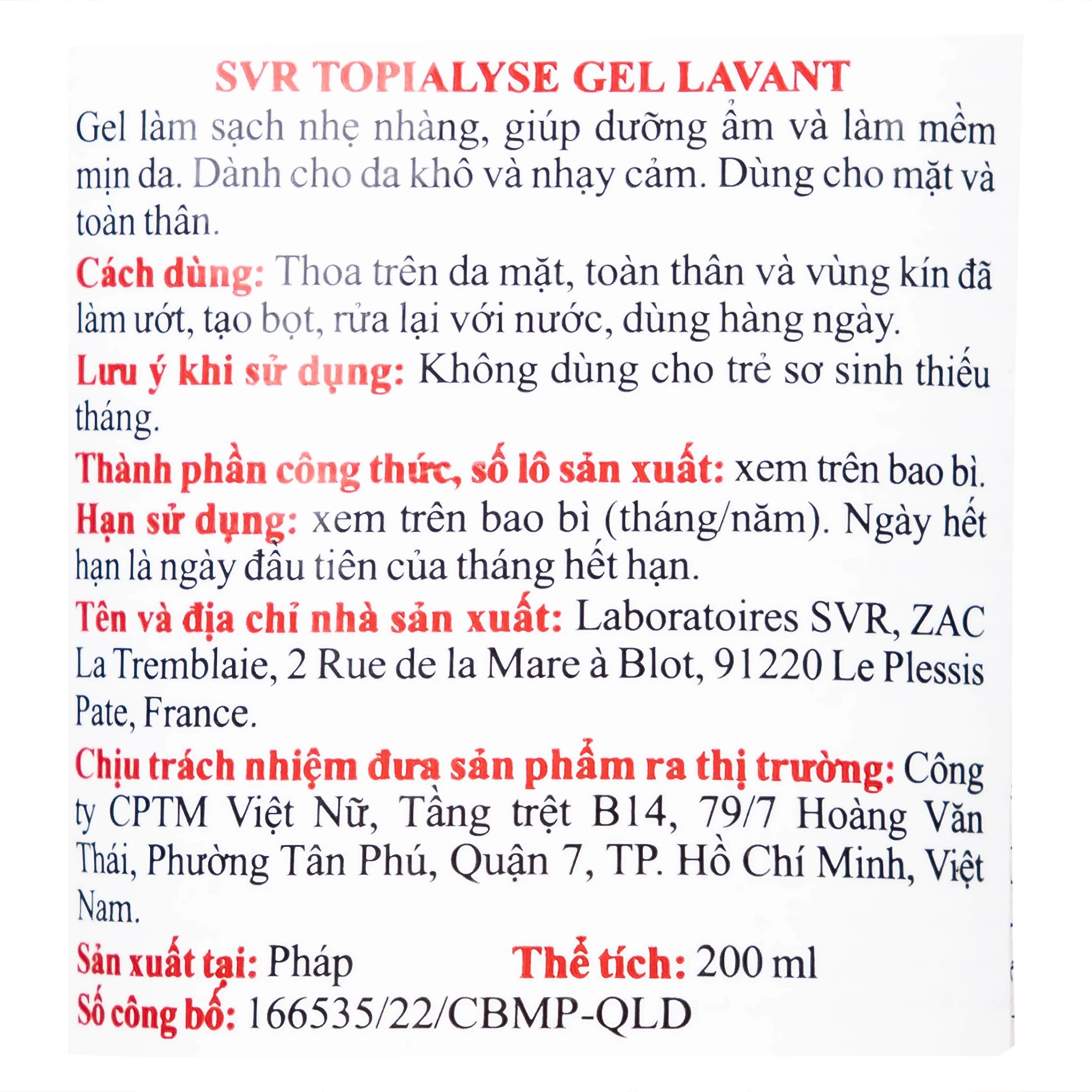 Gel rửa mặt dưỡng ẩm dành cho da khô và da nhạy cảm SVR Topialyse Gel Lavant 200ml