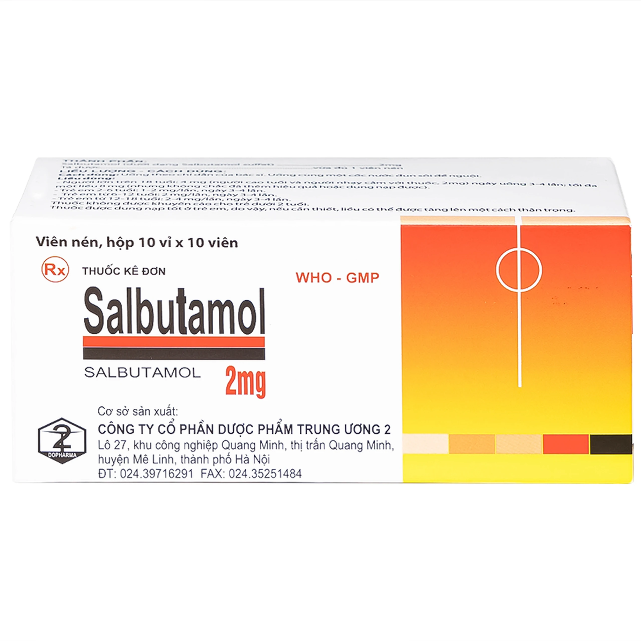 Thuốc Salbutamol 2mg Dopharma giúp giảm co thắt phế quản trong hen, viêm phế quản mãn tính (10 vỉ x 10 viên)