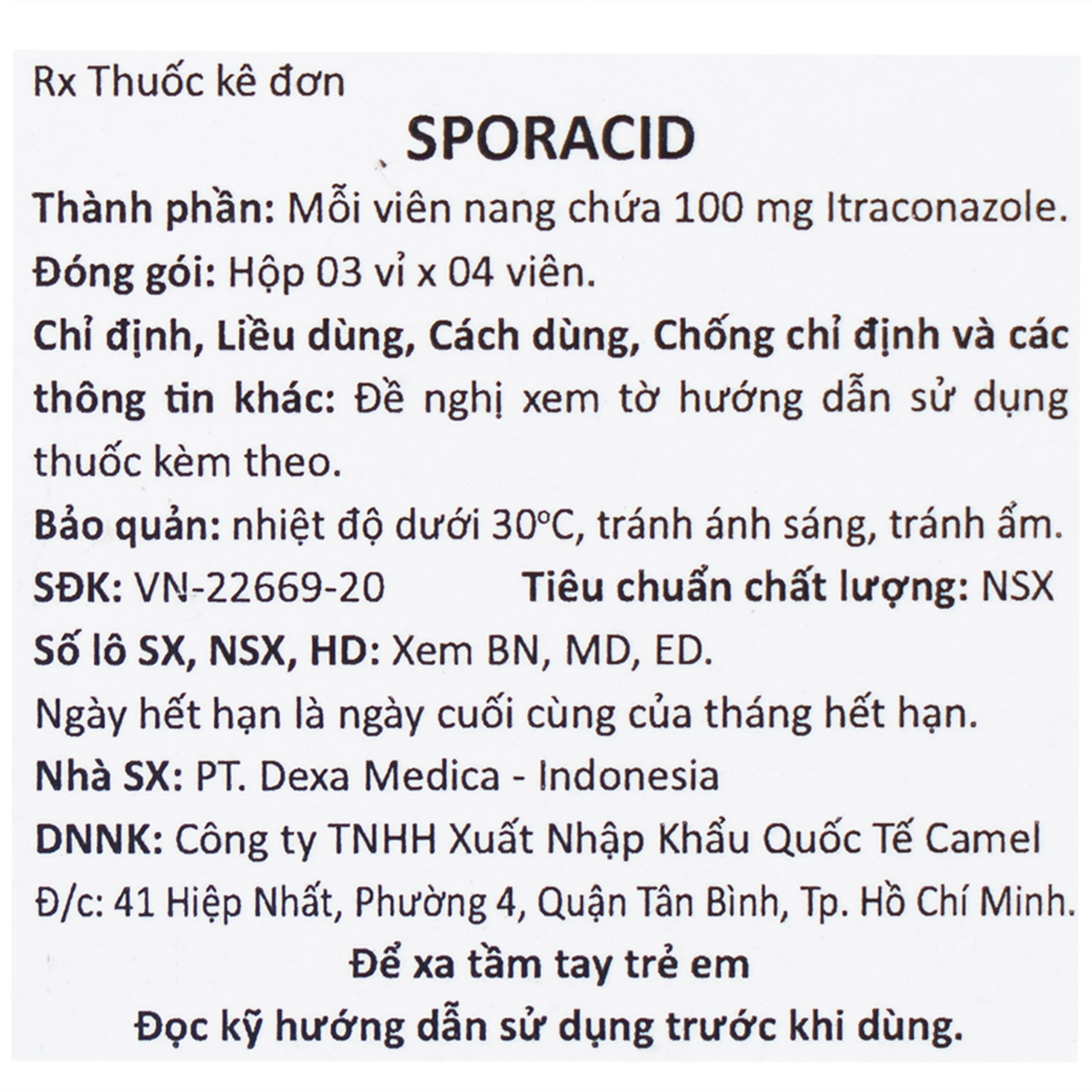 Thuốc Sporacid Itraconazole 100mg Dexa điều trị nấm candida âm hộ, âm đạo (3 vỉ x 4 viên)