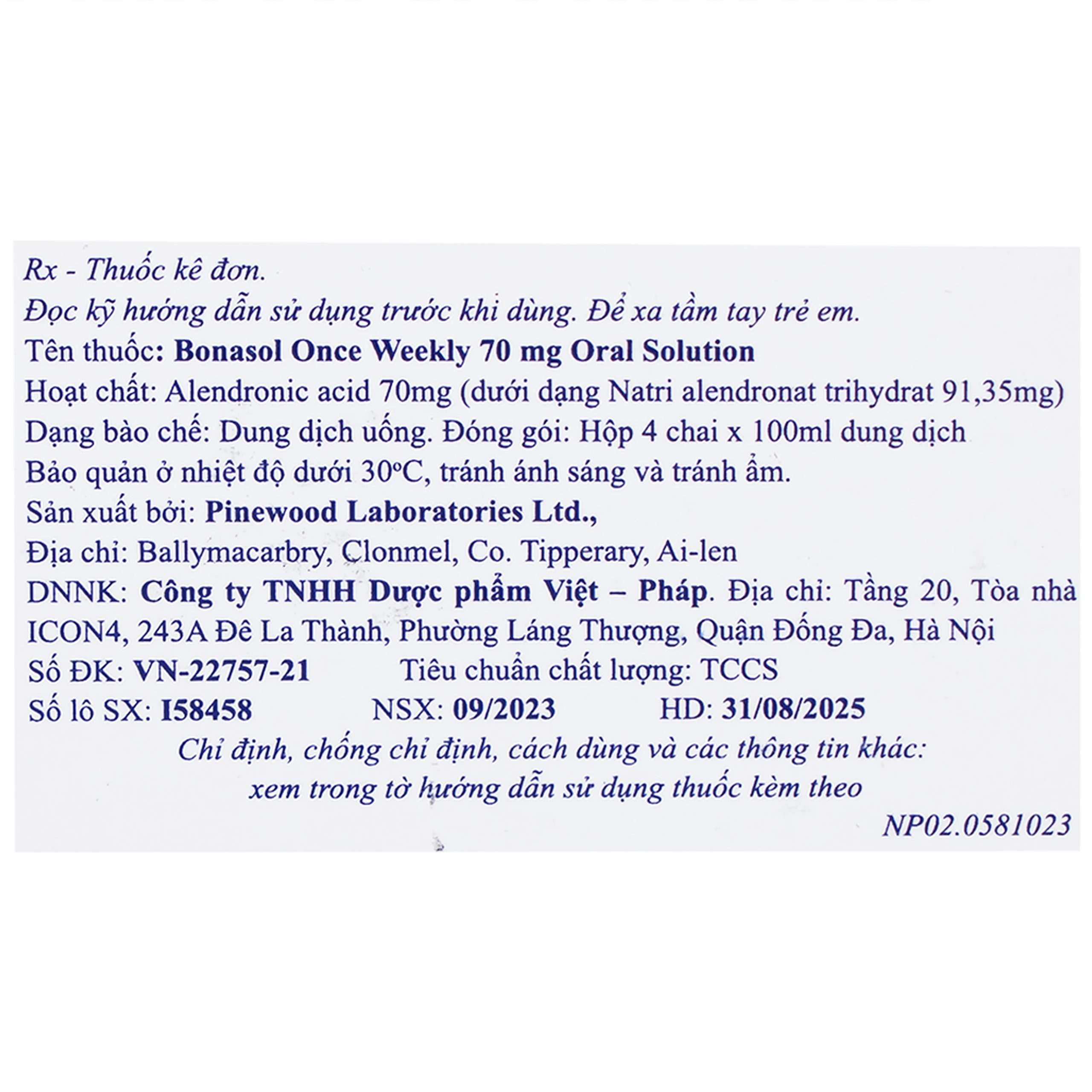 Dung dịch uống Bonasol Once Weekly 70mg Oral Solution Pinewood điều trị loãng xương (4 chai x 100 ml)