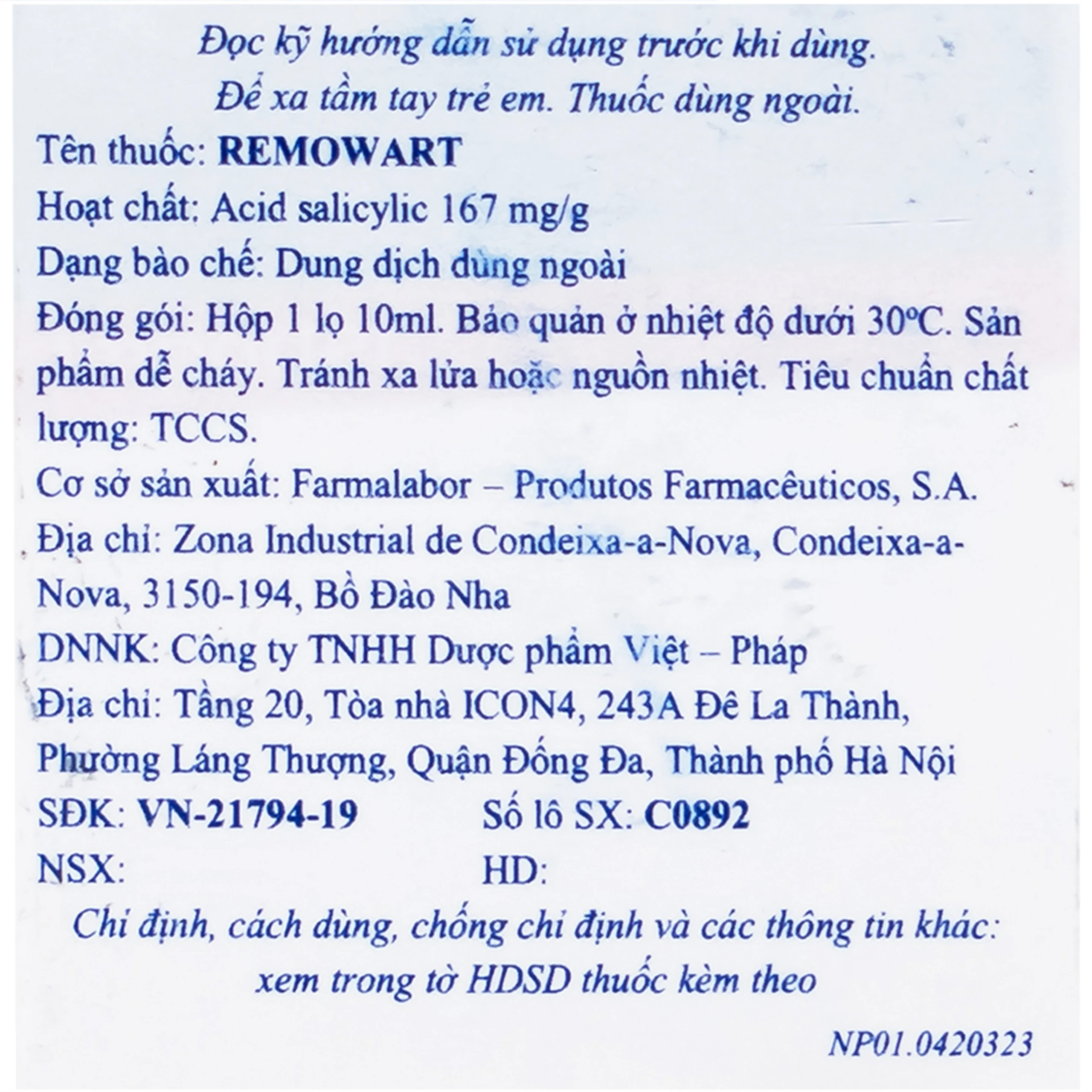 Dung dịch bôi ngoài da Remowart Farmalabor điều trị mụn cóc, chai chân và chai sần trên da (10ml)