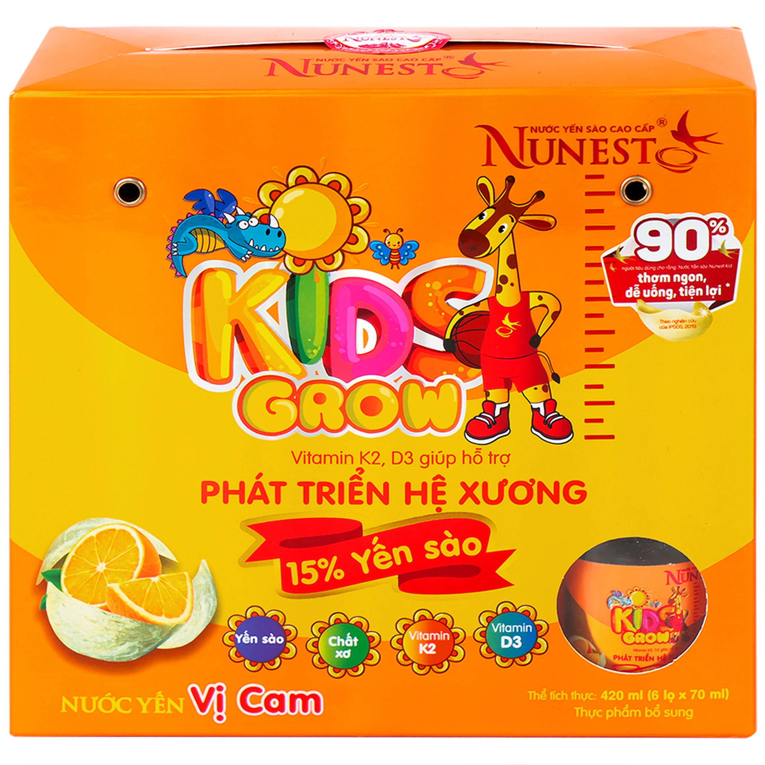 Nước Yến Sào Cao Cấp Cho Trẻ Em Nunest Kid Grow Vị Cam (6 hũ x 70ml)