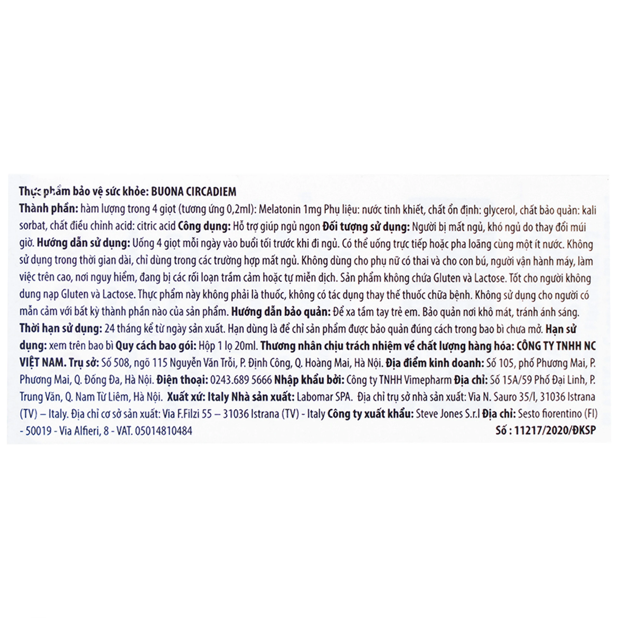 Dung dịch hỗ trợ giúp ngủ ngon Buona Circadiem (20ml)