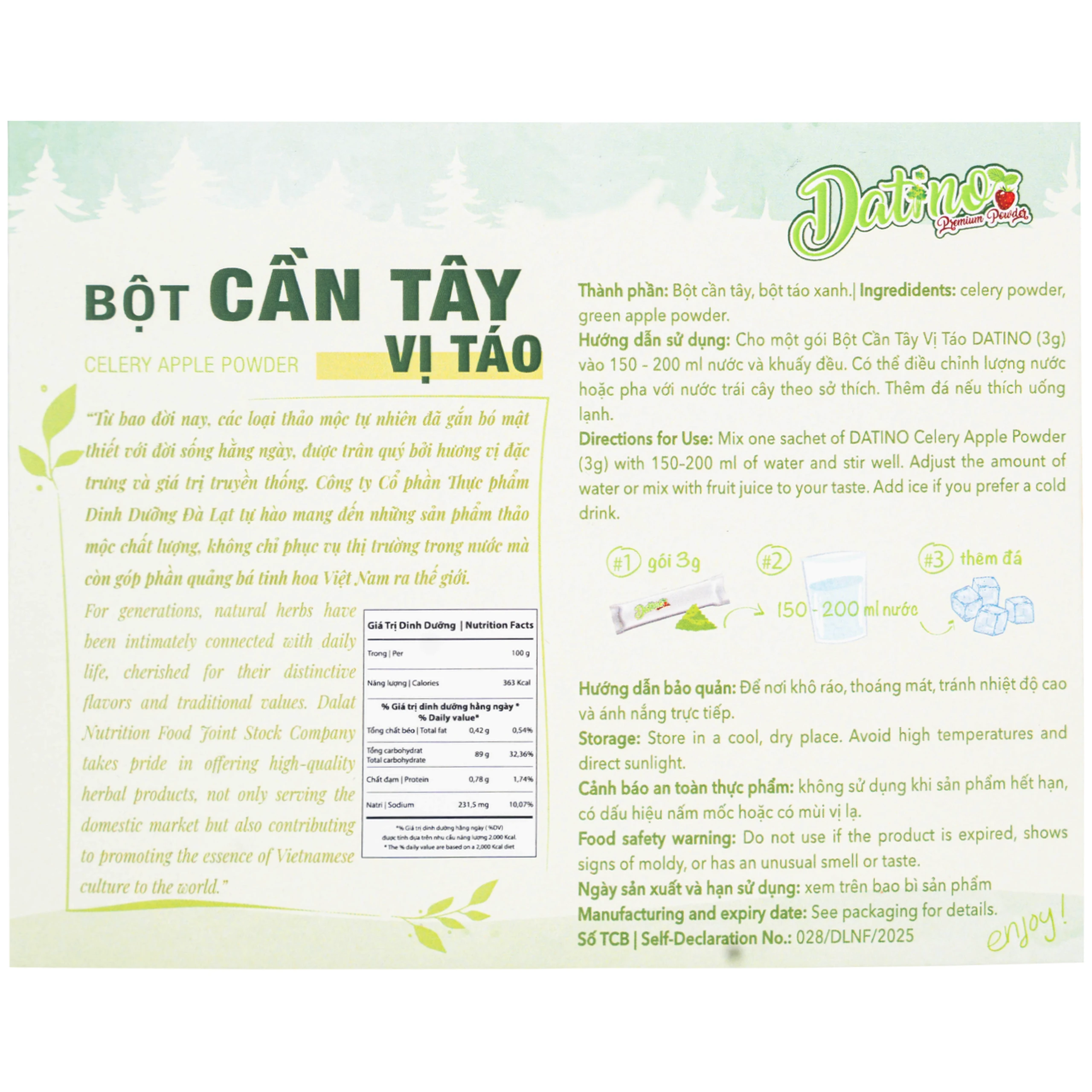 Bột Cần Tây vị táo Datino (3g x 15 gói)