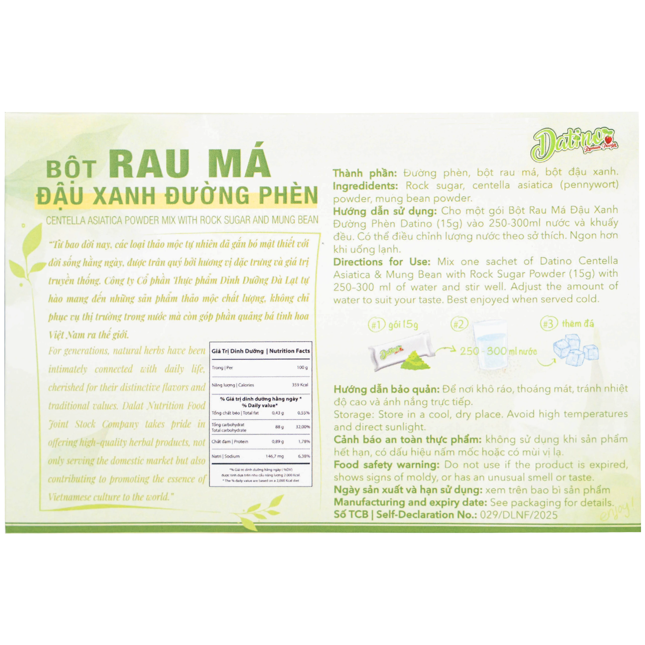 Bột Rau Má Đậu Xanh Đường Phèn Datino (10 gói x 15g)