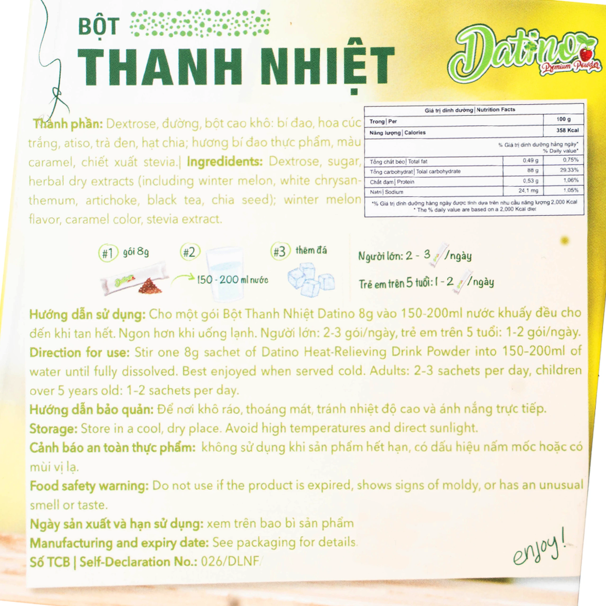 Bột Thanh Nhiệt Datino Heat-Relieving Drink Powder (10 gói x 8g)