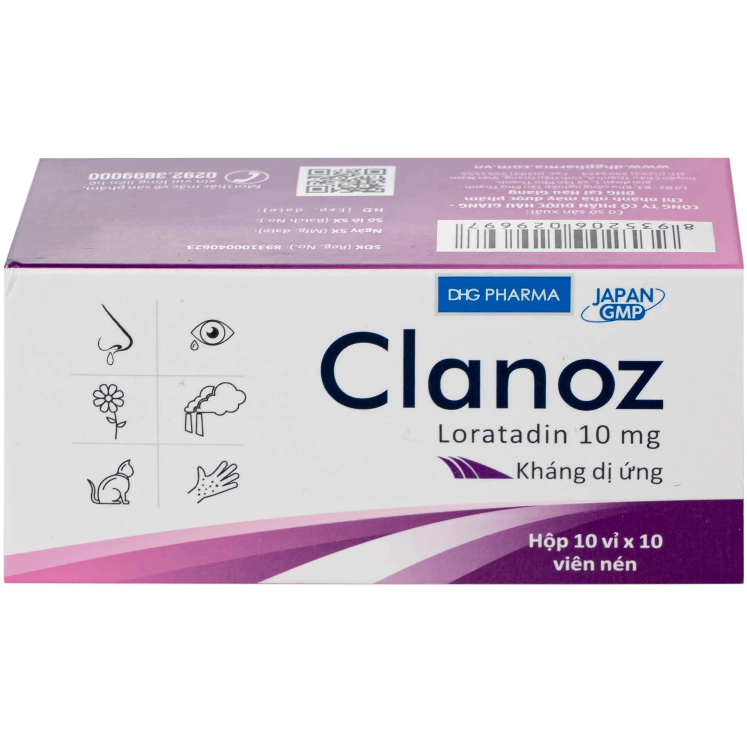 Thuốc Clanoz 10MG Dhg Pharma điều trị viêm mũi dị ứng, mè đay (10 vỉ x 10 viên)