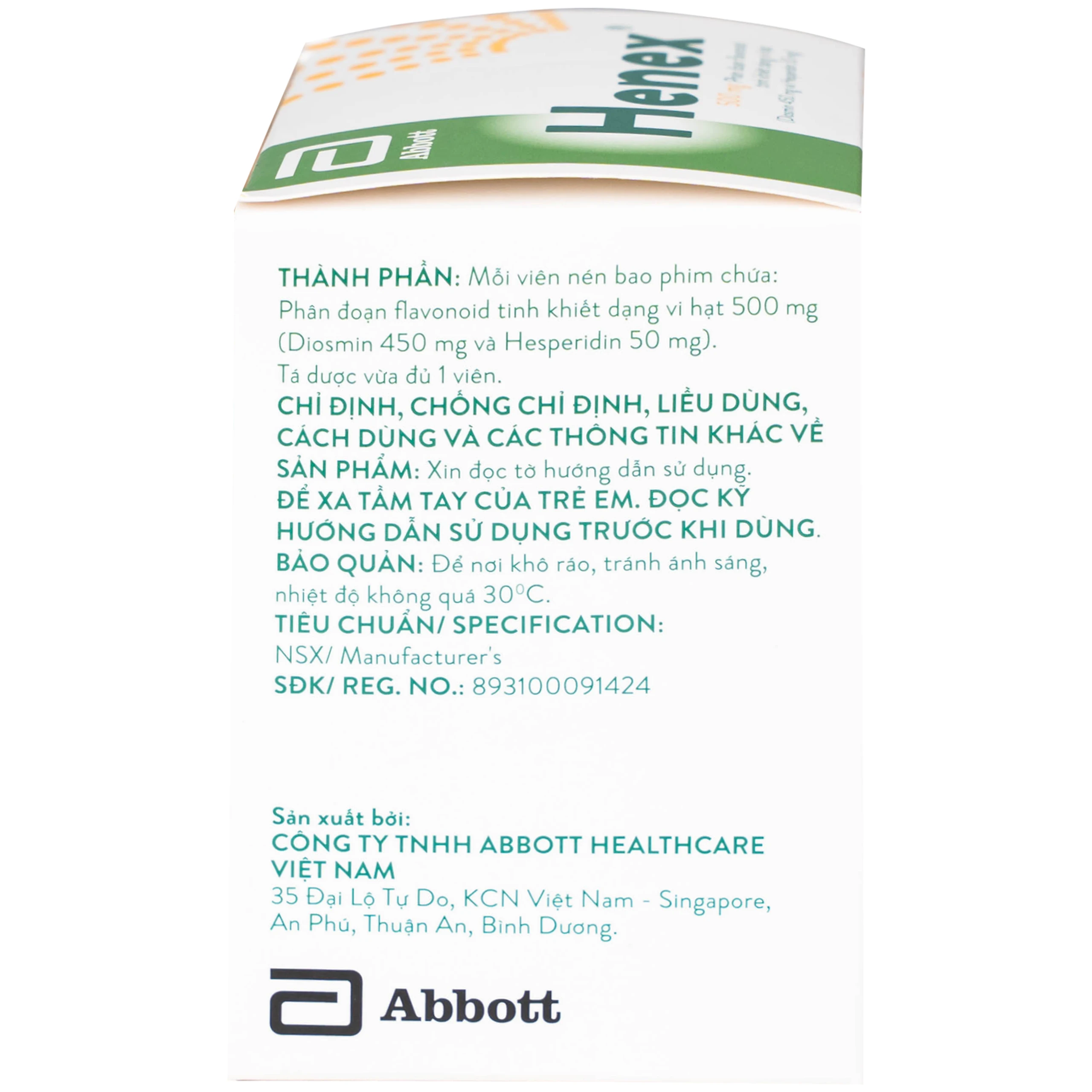 Thuốc Henex 500mg Abbott điều trị suy tĩnh mạch - mạch bạch huyết, cơn trĩ cấp (10 vỉ x 10 viên)