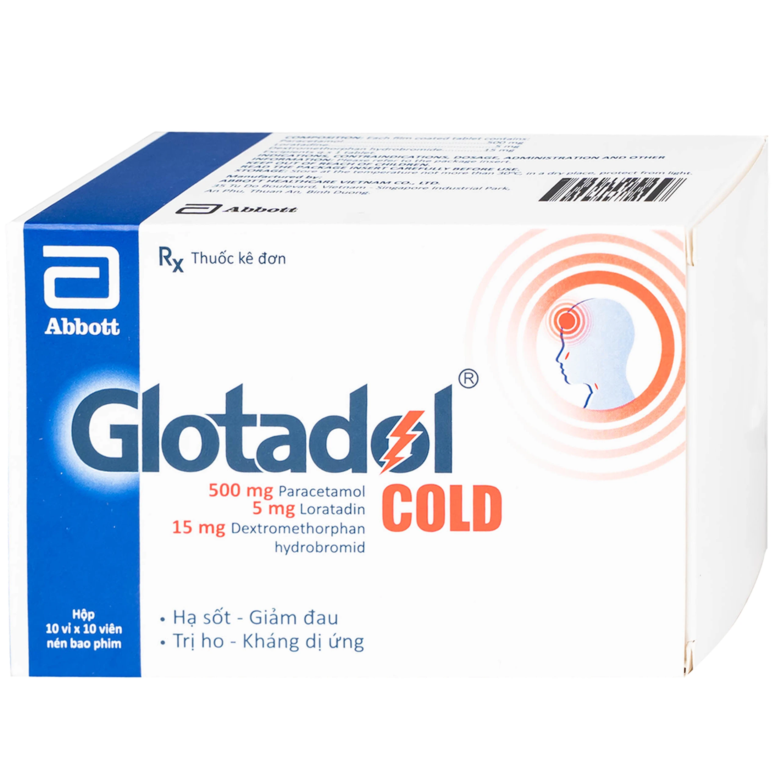 Thuốc Glotadol Cold Glomed hỗ trợ giảm đau, hạ sốt (10 vỉ x 10 viên)